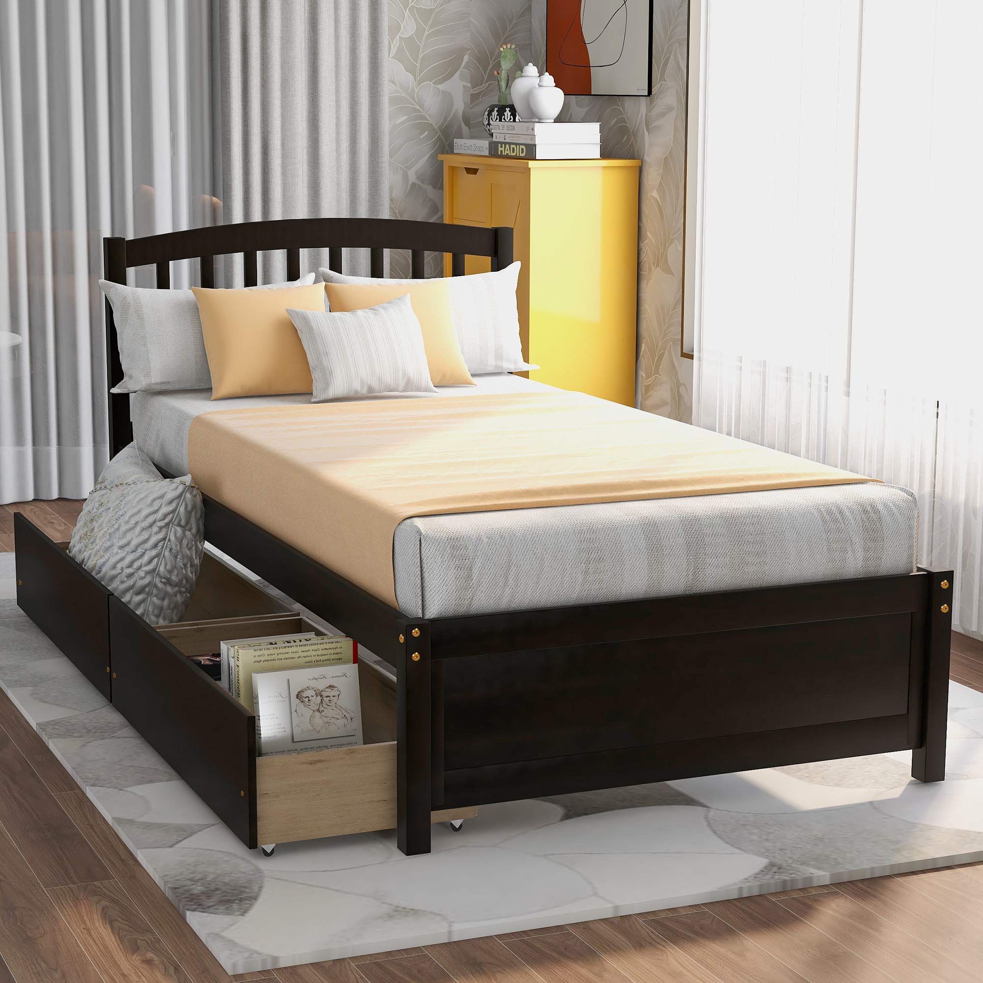P PURLOVE Twin Size Wood Platform Bed Frame with Storage Drawers & Headboard - No Box Spring Needed, Espresso Finish - Perfect for Small Bedrooms, Guest Rooms & Kids Rooms