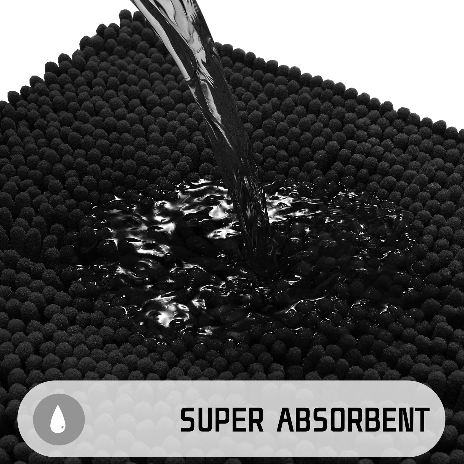 Luxury Chenille Shaggy Bathroom Rug Mat - 32'' x 20'' Extra Soft & Thick Absorbent Non-Slip Bath Mat for Bath Floor, Tub and Shower - Machine Washable - Black - Perfect for Bathroom, Spa and Home Decor