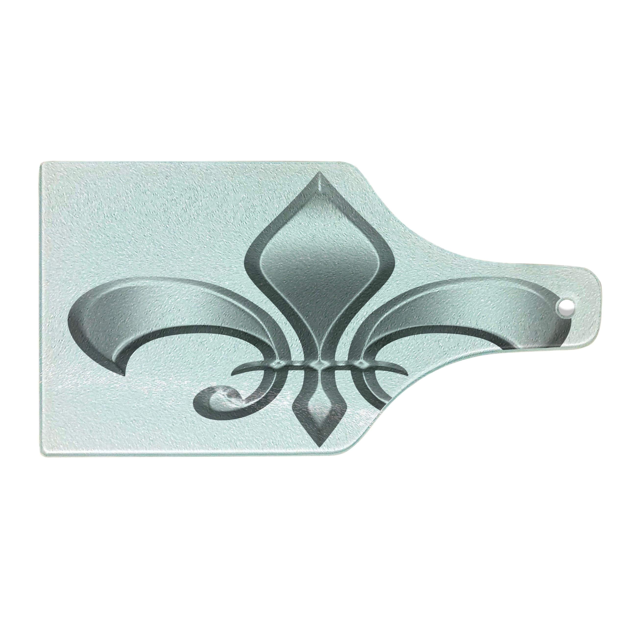 Ambesonne Fleur De Lis Tempered Glass Cutting Board - Medieval European Lily Flower Design, Decorative Serving Board for Cheese, Charcuterie & Wine - White Silver Elegant Kitchen & Dining Accessory