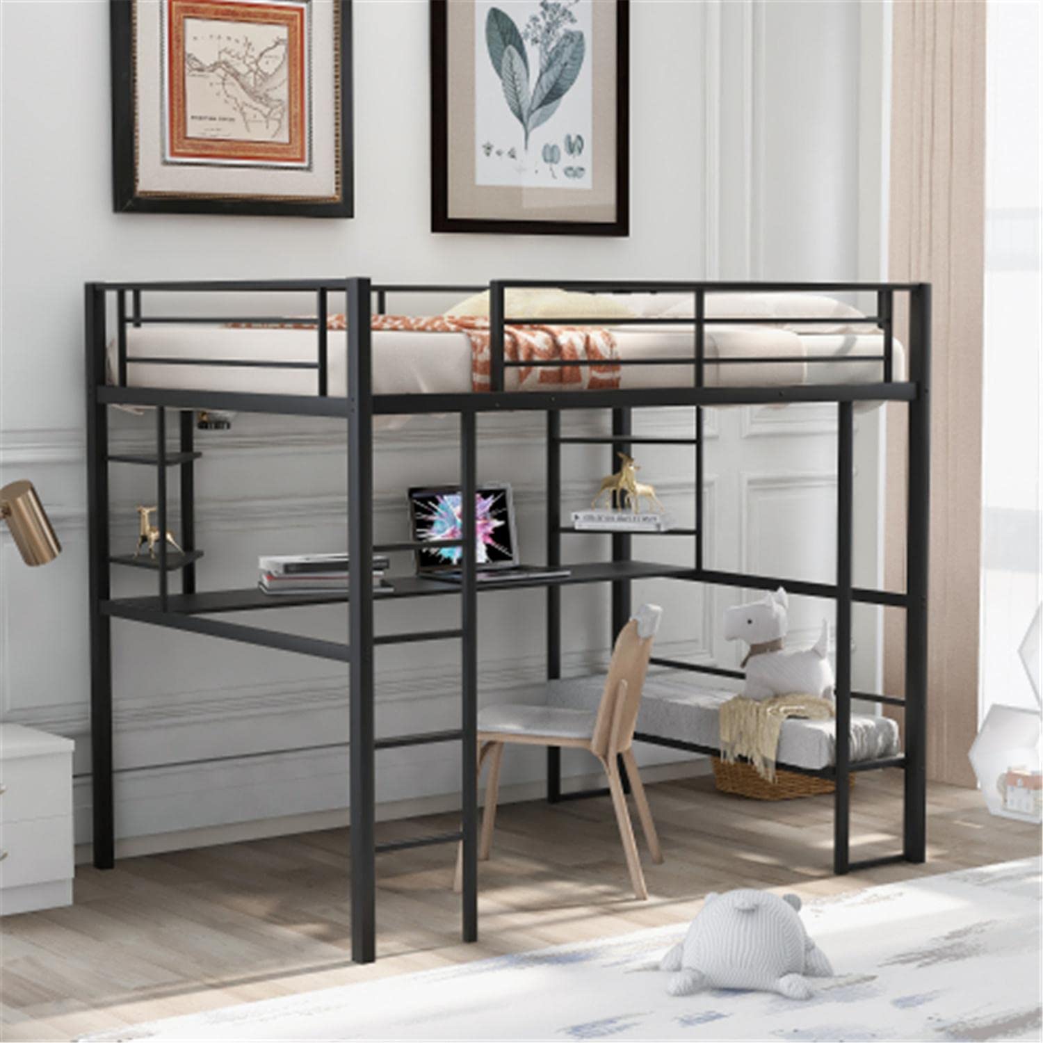 Black Full Metal Loft Bed Frame with Built-in Desk & Shelves - Sturdy Guardrail & Space-Saving Design for Small Rooms - Perfect for Kids, Teens & College Dorm Rooms
