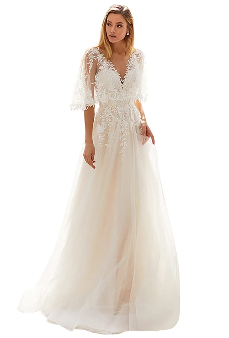 YMSHA Women's Boho Beach Wedding Dress 2023 - Long Lace Spaghetti Strap Bridal Gown for Bride (YMS041) | Perfect for Beach Weddings, Destination Elopements & Boho Chic Ceremonies