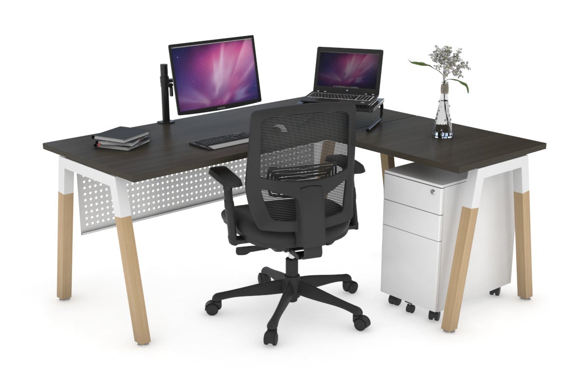 Quadro A Legs L-Shaped Corner Office Desk with Wood Legs & Cross Beam [1600L x 1450W] - Perfect for Home Office, Gaming Setup & Workspace Organization