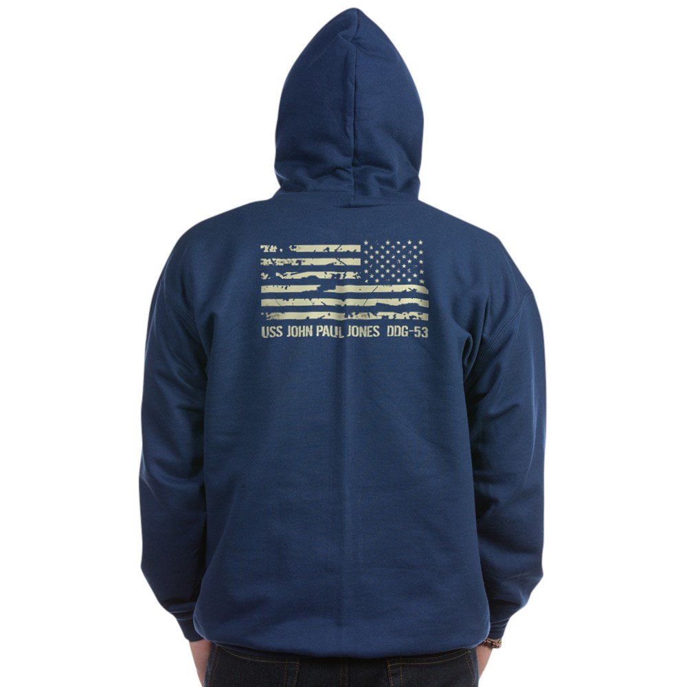 USS John Paul Jones Zip Hoodie for Men - Dark Navy Zip-Up Sweatshirt | Comfortable & Stylish Pullover for Military Enthusiasts, Veterans & Patriotic Apparel Fans | Perfect for Casual Wear, Outdoor Activities & Navy Pride Events