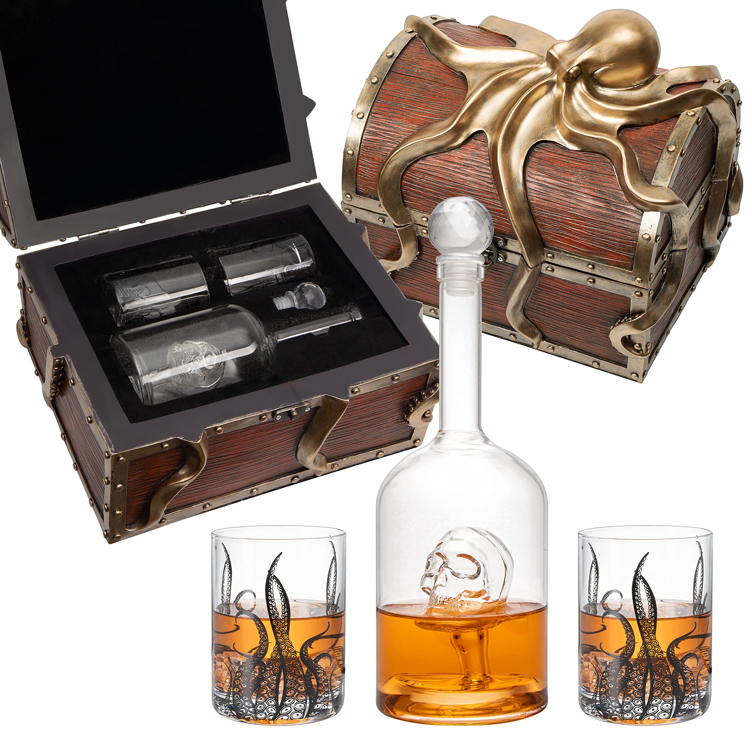Premium Octopus Kraken Chest Wine & Whiskey Decanter Set with 2 Glasses - Exquisite Handcrafted Detail for Whiskey Lovers, Wine Enthusiasts & Nautical Decor - Perfect Holiday Gift for Sea-Themed Parties, Home Bars & Collector Displays