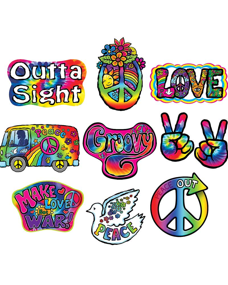 60s Hippie Style Wall Decor Cutouts - Pack of 12 Retro Flower Power Decals for Bedroom, Living Room & Party Decorations