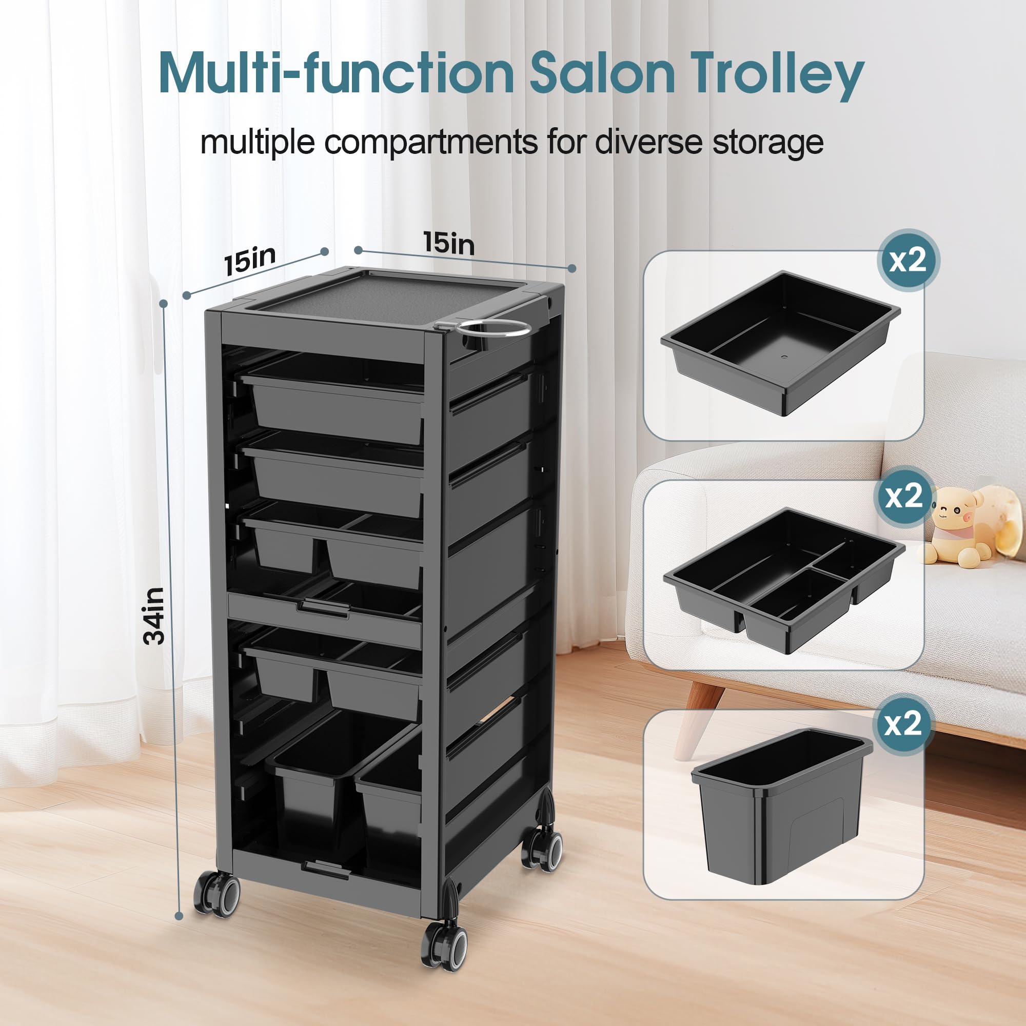 Professional Salon Trolley Cart with Wheels - Large Rolling Beauty Storage Organizer with Hair Dryer Holder, 4 Removable Drawers & 2 Buckets - Perfect for Salon, Spa, Home & Mobile Stylists - Ideal for Hair Tools, Cosmetics & Beauty Supplies Organization