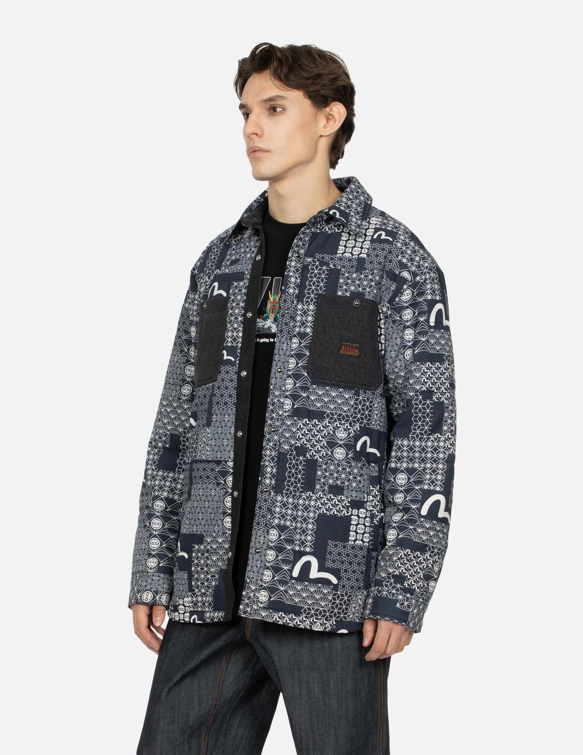 Stylish Allover Seagull & Kamon Print Loose Fit Padded Shirt Jacket - Comfortable Casual Outerwear for Men & Women | Perfect for Outdoor Activities, Travel, and Everyday Wear