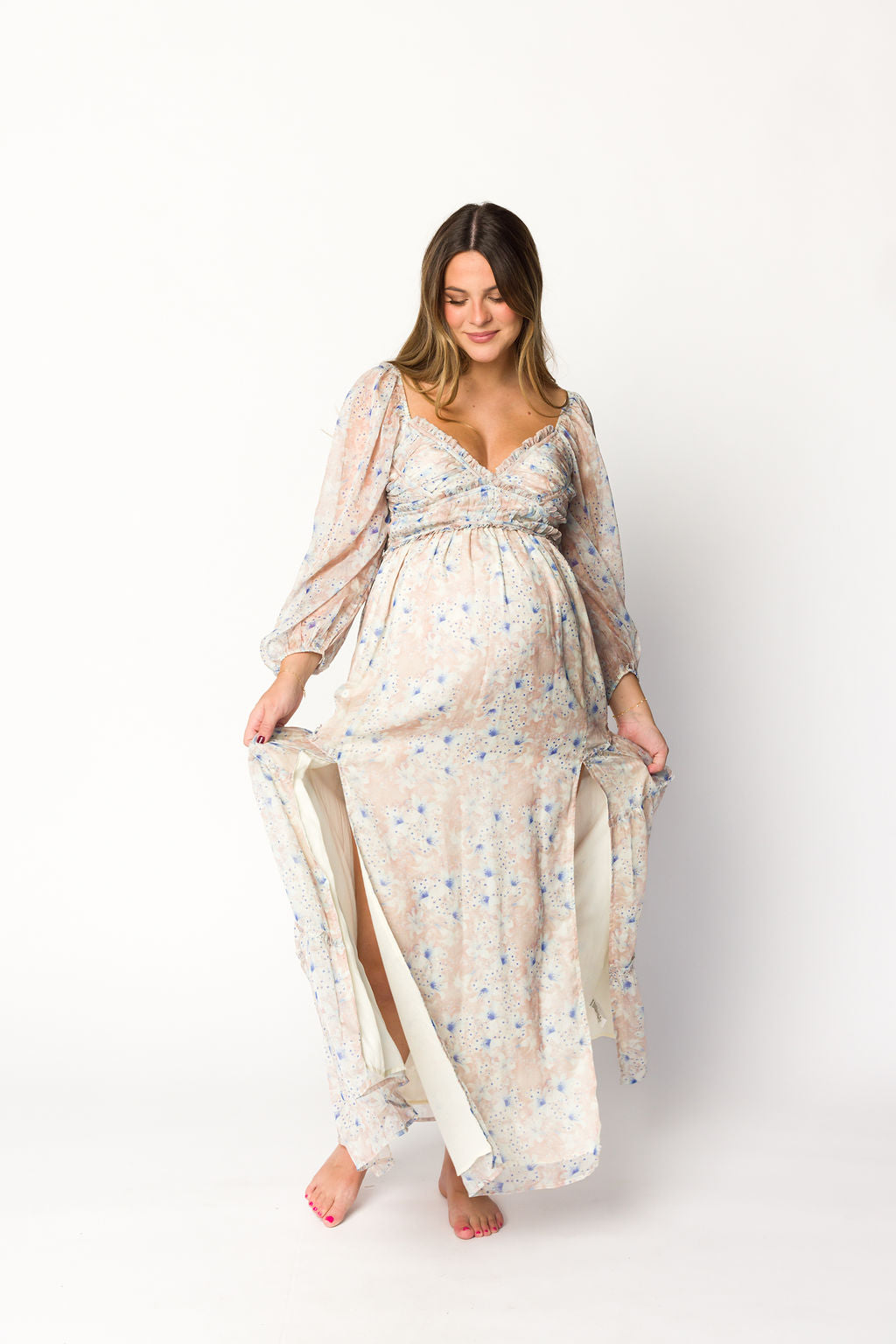 Bump Friendly Daphne Long Sleeve Maxi Dress - Floral Maternity Dress in Beige & Blue, Inclusive Sizing XS to 3XL | Perfect for Pregnancy, Nursing, and Special Occasions
