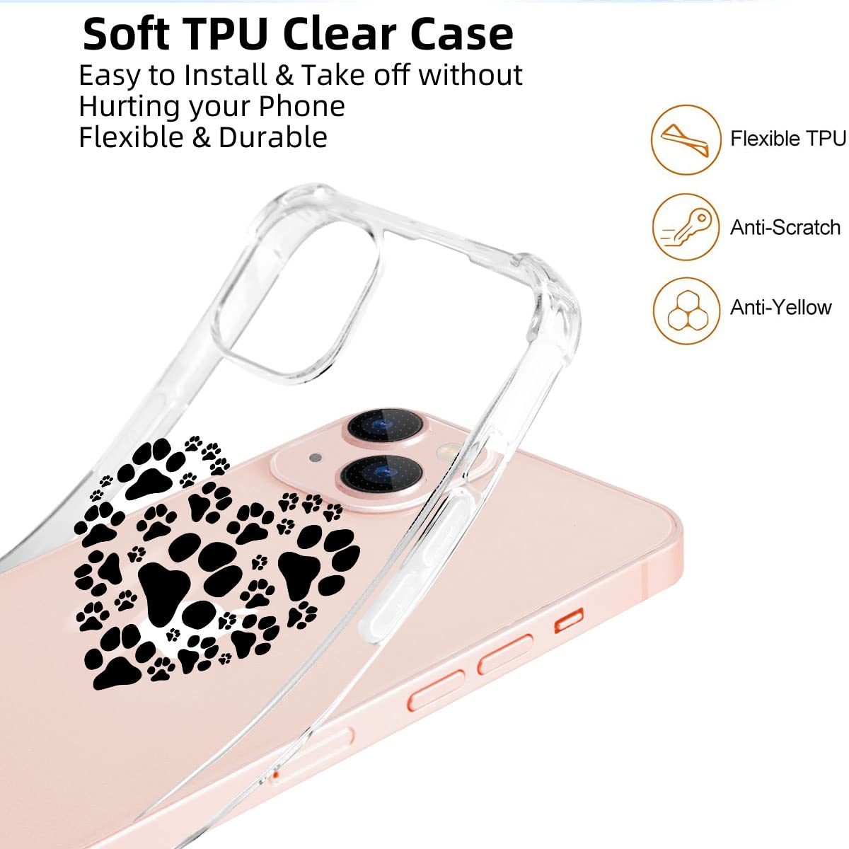 Cute Black Heart Cat Paw iPhone 12 & 12 Pro Case - Crystal Clear TPU Shockproof Phone Cover for Women & Girls - Soft Protective 6.1 Inch Case for Everyday Use & Fashion Accessory