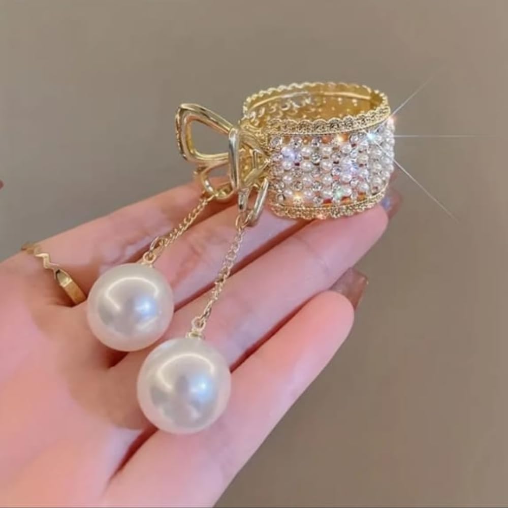 Elegant Pearl Rhinestone Hair Clip for Women - Sparkly Metal Spring Ponytail Holder Barrette Accessories (1 Pack, Medium Size) - Perfect for Weddings, Parties & Everyday Hairstyles
