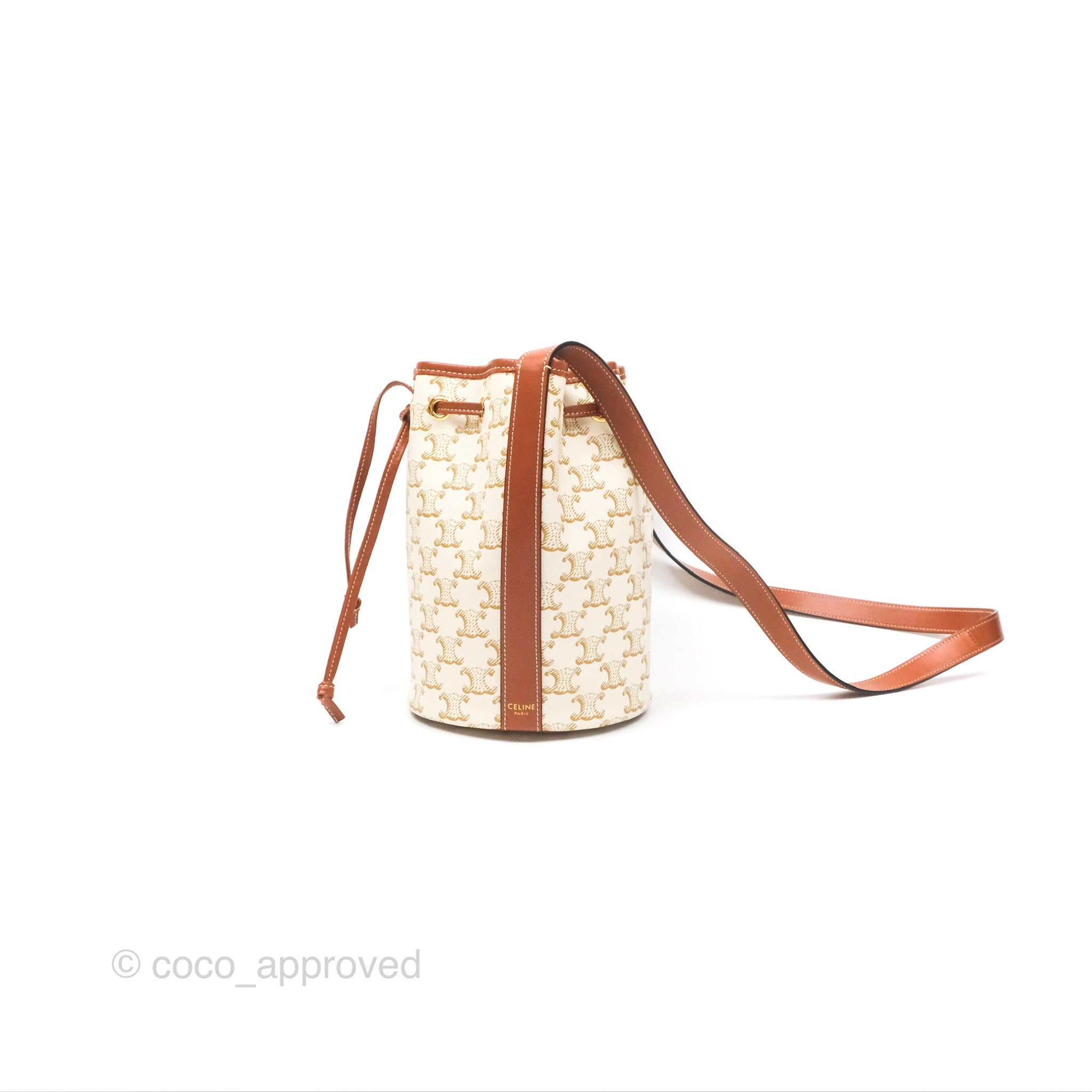 Celine Small Drawstring Bucket Bag in Triomphe Canvas & White Calfskin Leather - Perfect for Everyday Use, Travel & Fashion Accessories