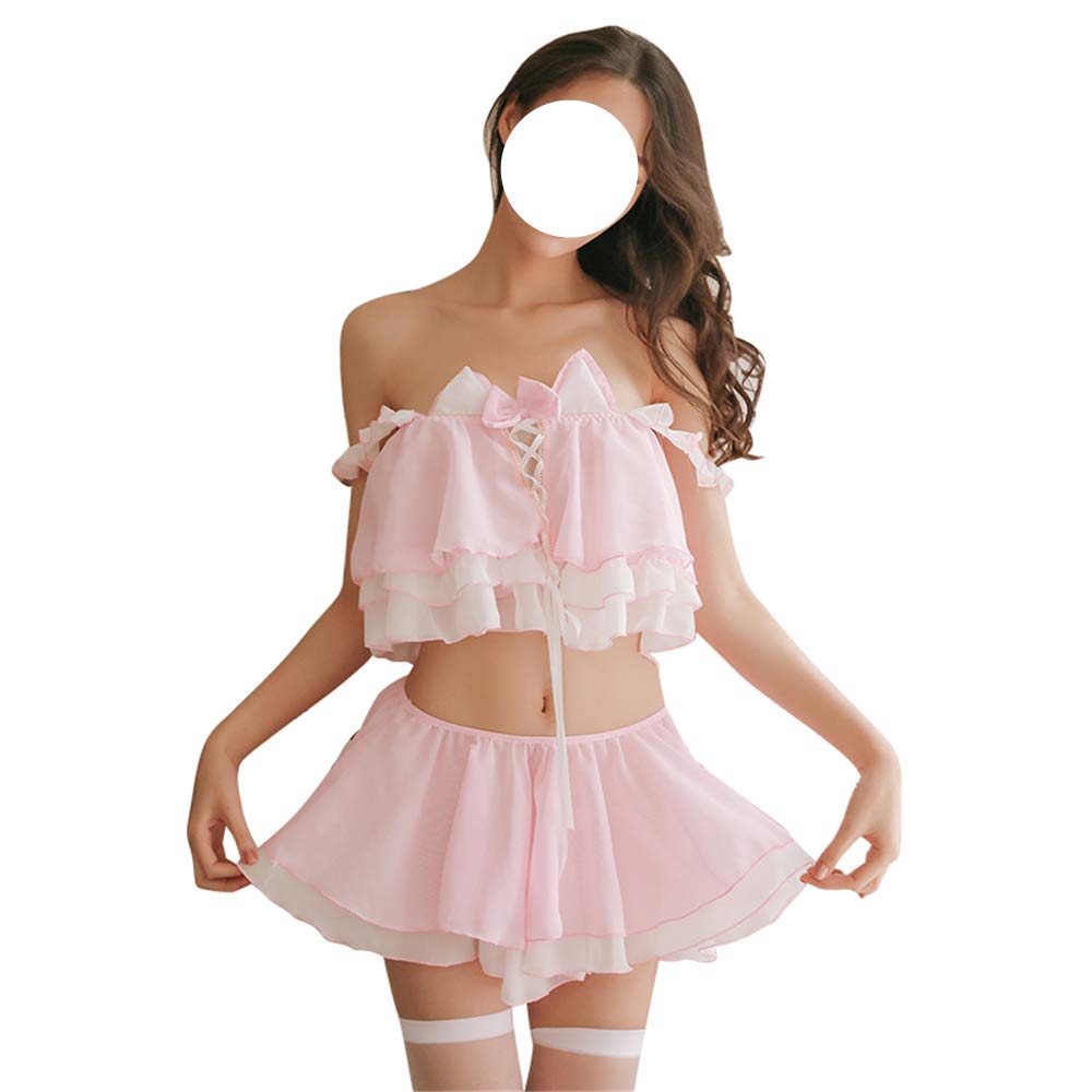 Sexy Lingerie for Women - Anime Cosplay Costume Lace Garter Belt & Pajama Set (Pink) | Romantic Nights, Role Play, Boudoir Photography, Valentine's Gift