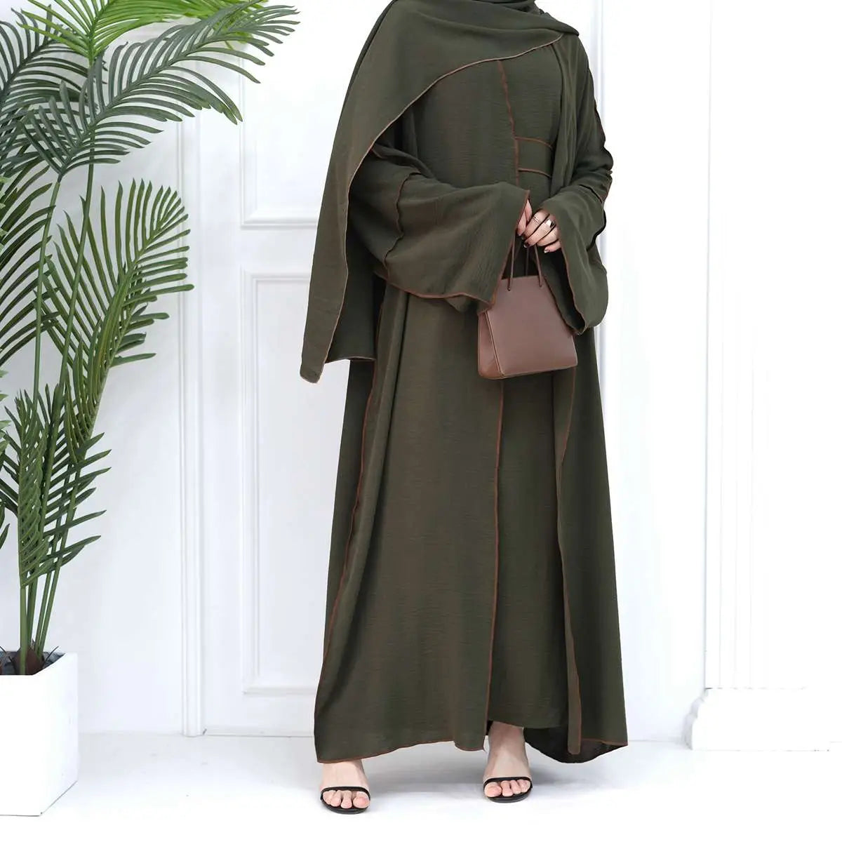 2-Piece Heavy Wrinkle Fabric Open Abaya Dress Set for Women - Modest Muslim Prayer Dress with Long Sleeves - Perfect for Eid, Ramadan & Special Occasions