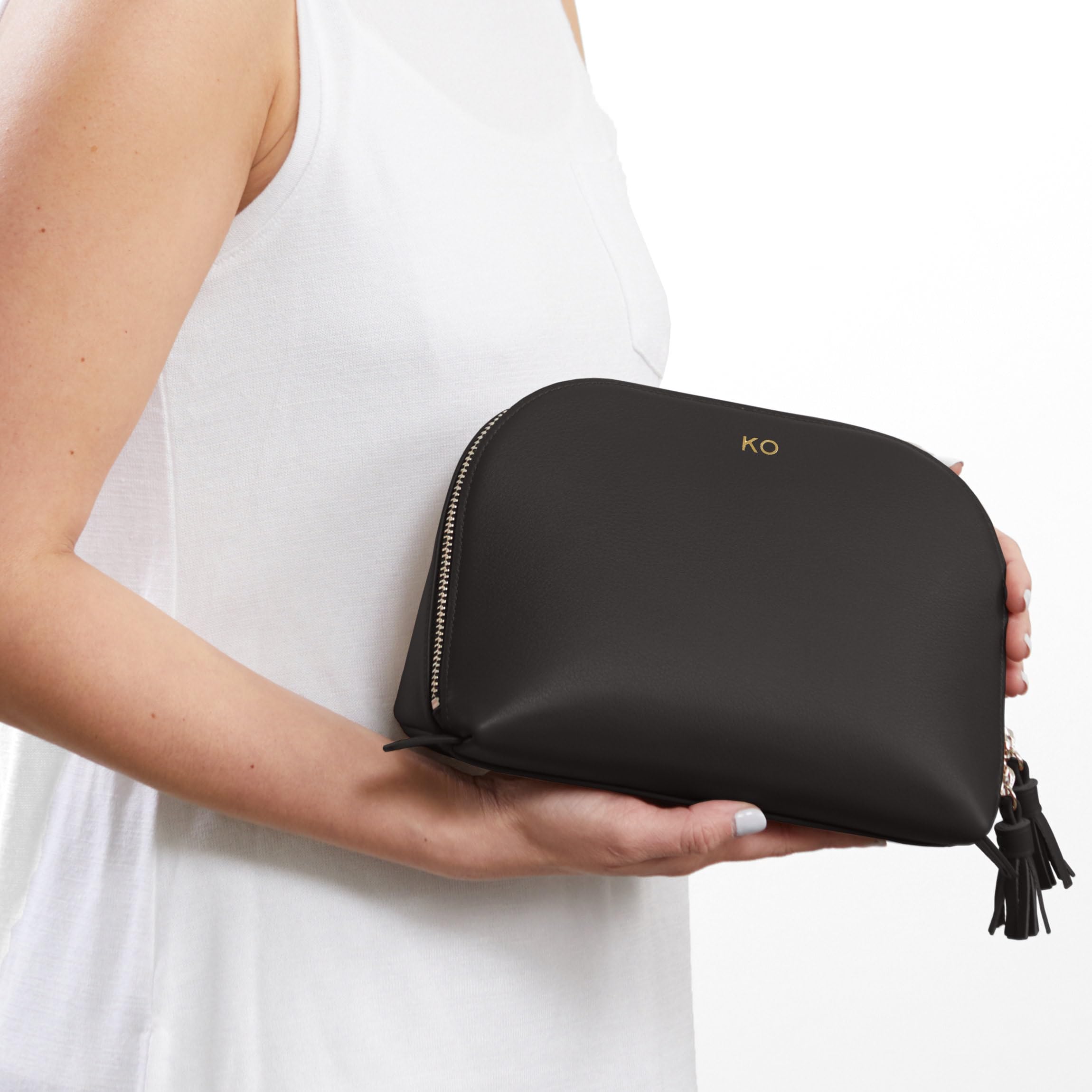 Premium Leather Makeup Bag - Large Black Onyx Clamshell Cosmetic Case for Travel & Daily Organizer | Durable & Stylish Women's Accessory