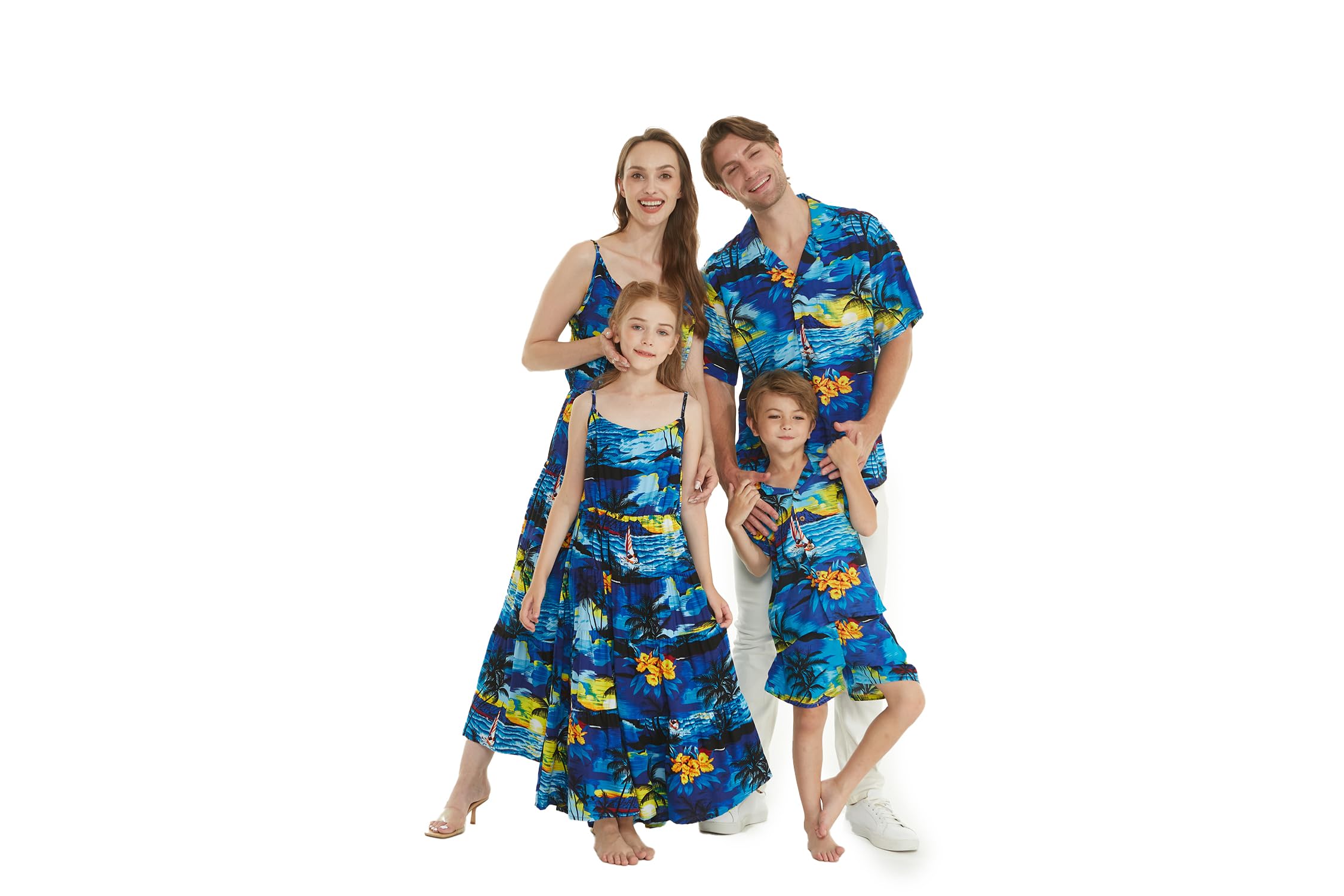 Hawaiian Luau Outfits for Family - Matching Sunset Blue Aloha Shirts for Men, Women, Boys & Girls | Beach Party, Summer Vacation & Tropical Theme Events