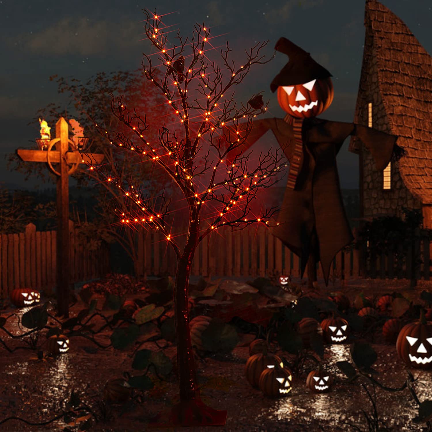 Fudios 4FT Lighted Black Halloween Tree with 150 Orange LED Fairy Lights - Indoor/Outdoor Plug-in Decor for Spooky Party, Home, Yard & Haunted House Themes