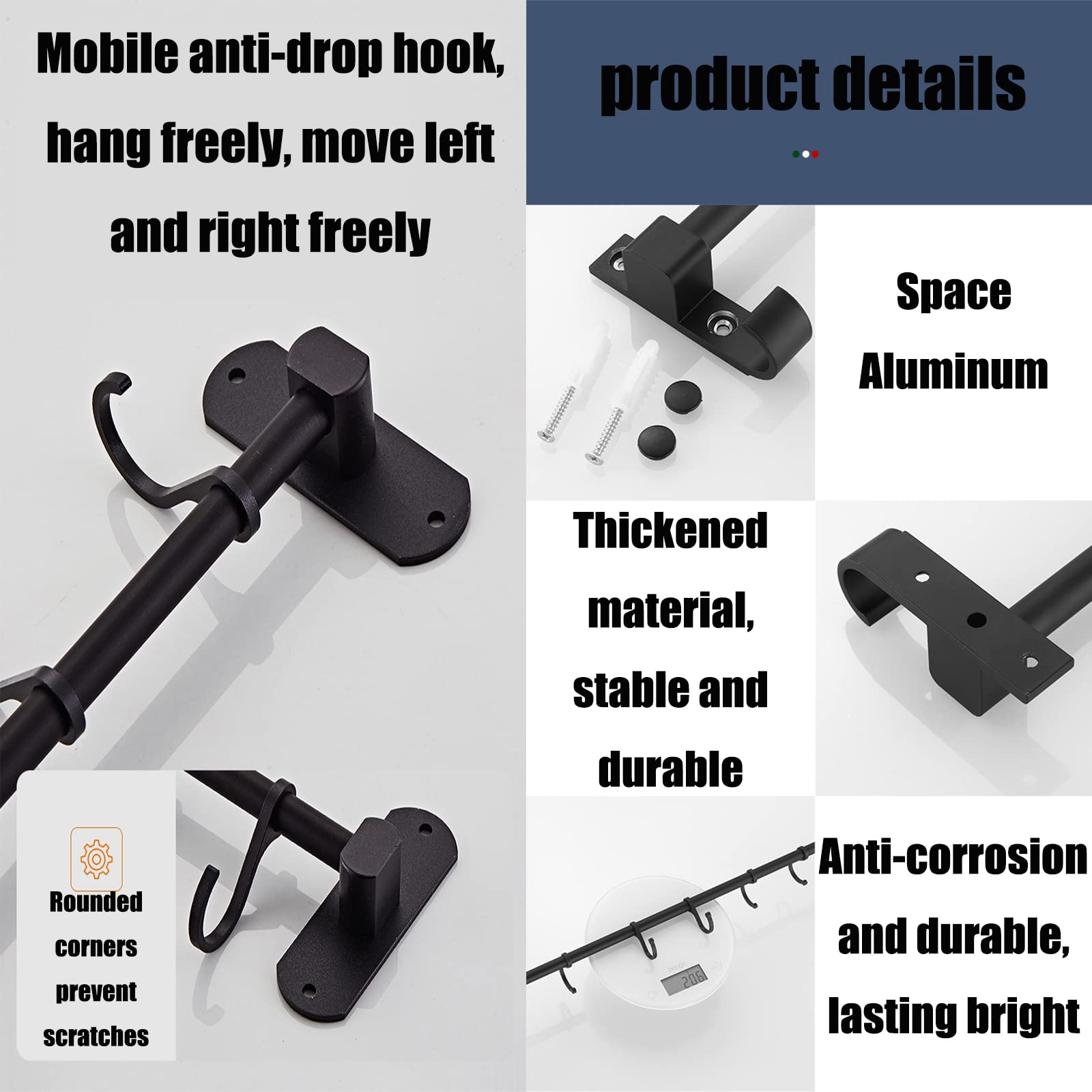 Wall Mount Kitchen Rail with 6 Sliding Hooks - Space Saving Utensil Rack for Pots, Pans & Cooking Tools - Black Organizer for Kitchen Storage (Perfect for Small Kitchens & Apartment Cooking)