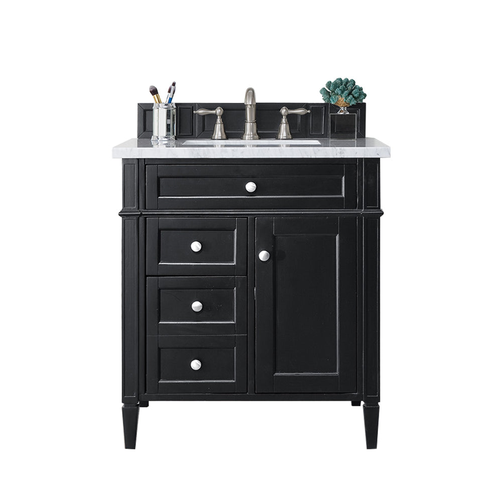 Brittany 30-Inch Single Bathroom Vanity in Black Onyx with 3CM Carrara Marble Top - Perfect for Modern Master Bathrooms and Powder Rooms