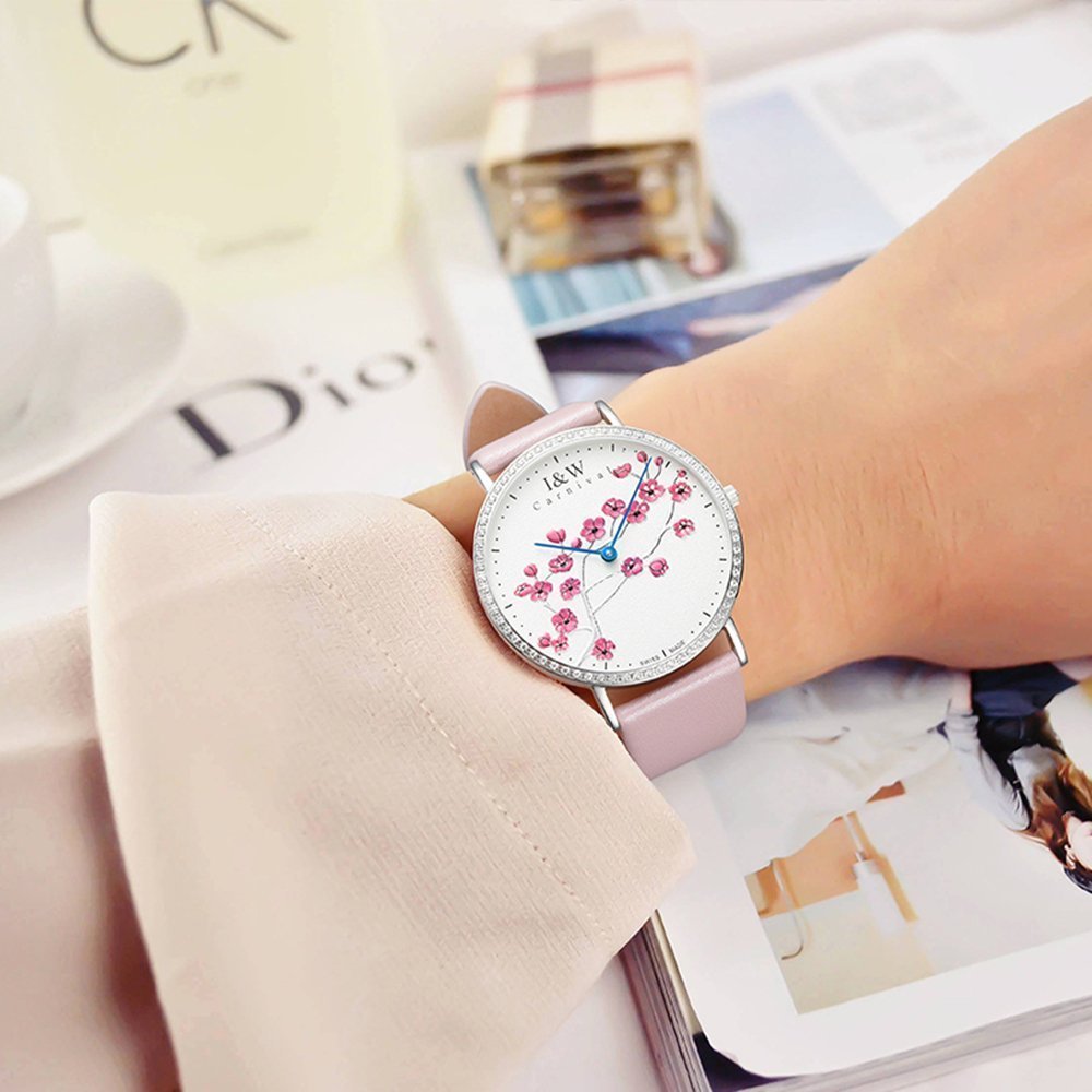 MASTOP Women's Ultra Thin Quartz Watch - Luxury Leather Strap, Large White Dial with Plum Floral Pattern - Elegant Dress Watch for Office, Party & Everyday Wear