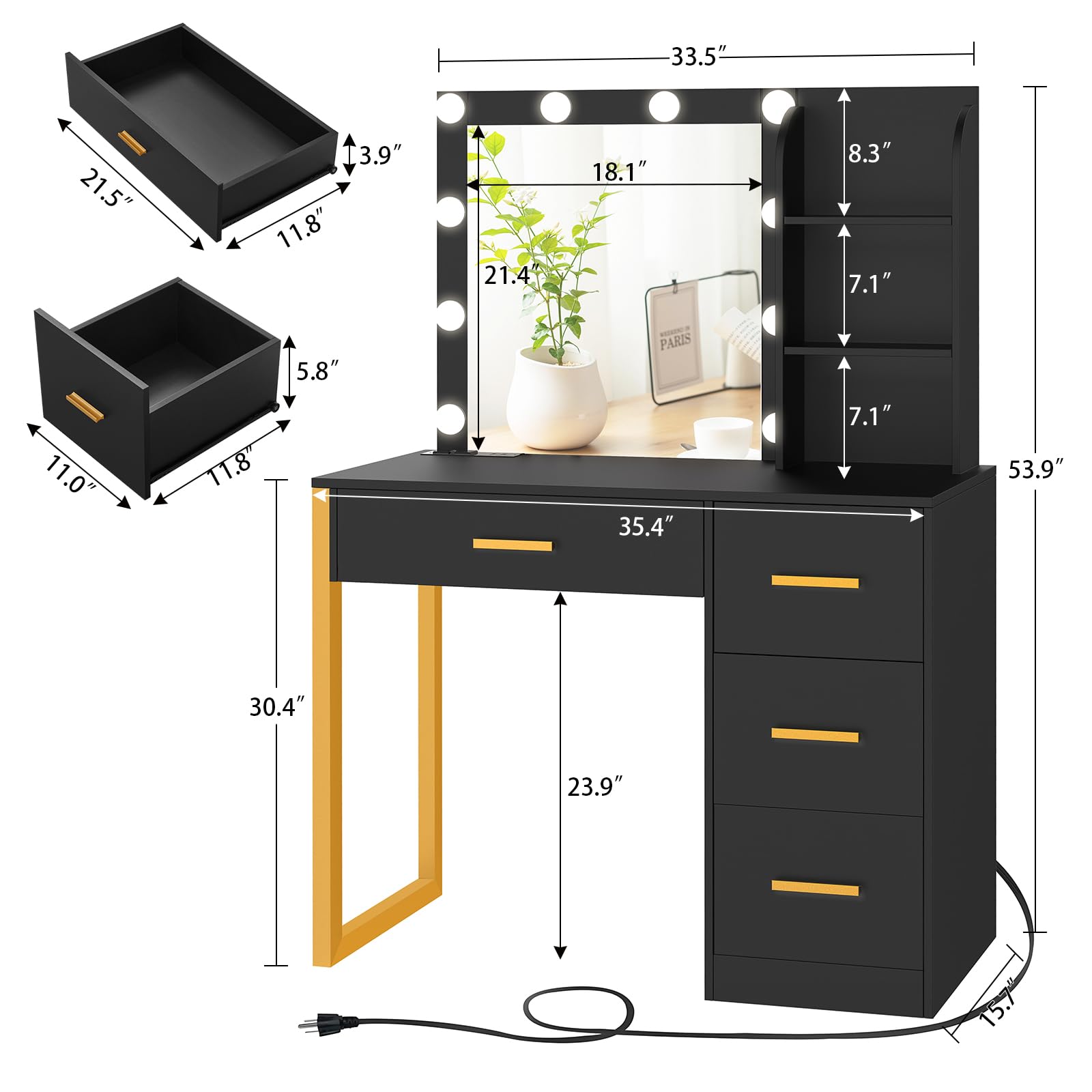 Elegant Makeup Vanity Desk with LED Lights & Mirror, 4 Drawers & USB Charging Station, Dressing Table with Open Storage Shelves & 3 Color Modes - Perfect for Bedroom, Home Salon & Beauty Room (Black)
