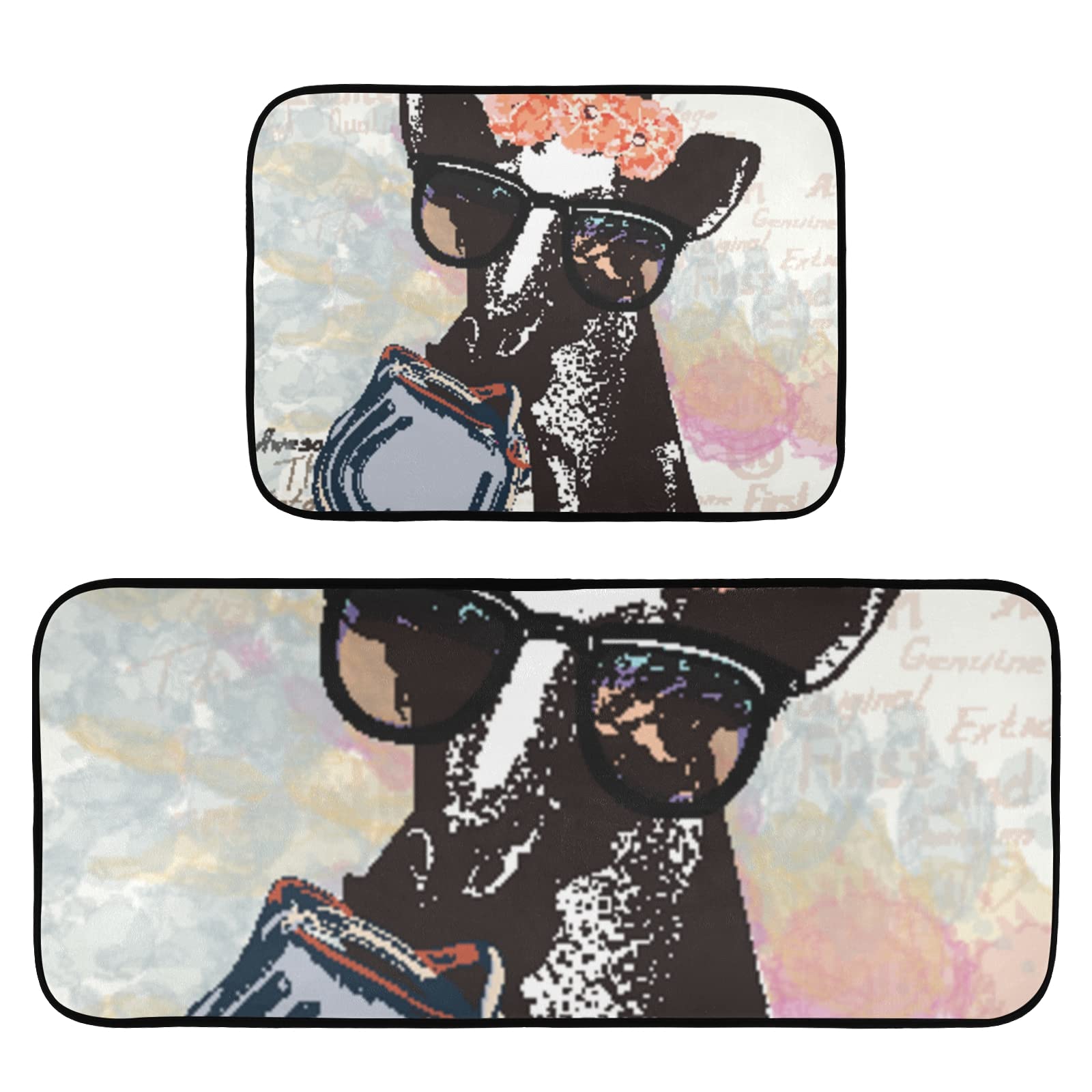 Hipster Giraffe Kitchen Mat Set of 2 - Anti-Fatigue Non-Slip Floor Mats for Sink Area, Waterproof Kitchen Rugs for Home Decor, Perfect for Standing Comfort in Cooking and Dishwashing