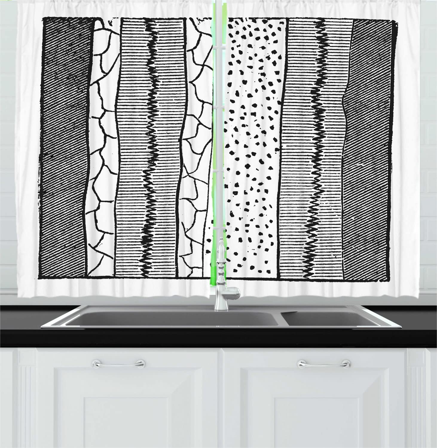 Ambesonne Geology Themed Kitchen Curtains - Hand Drawn Greyscale Rock Pattern with Uneven Lines, 2 Panel Rod Pocket Drapes 55x45 Inches, Grey & White - Perfect for Modern Farmhouse, Apartment & Dorm Room Decor