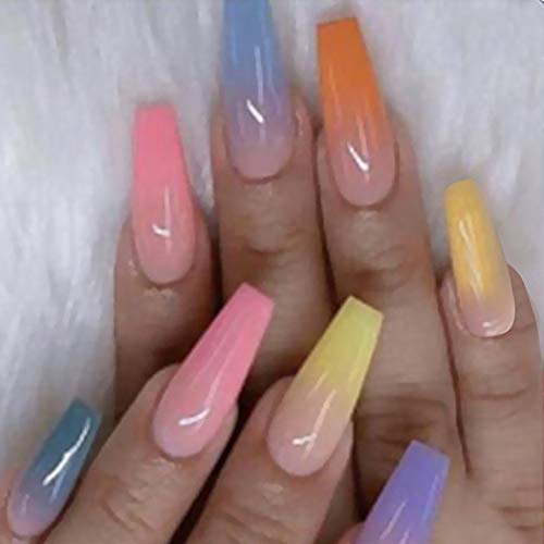 Evazen Coffin Glossy False Nails - 24pcs Rainbow Gradient Press on Nails for Women, Long Ballerina Fake Nails with Candy Colors - Perfect for Daily Wear, Parties, Weddings & Special Occasions