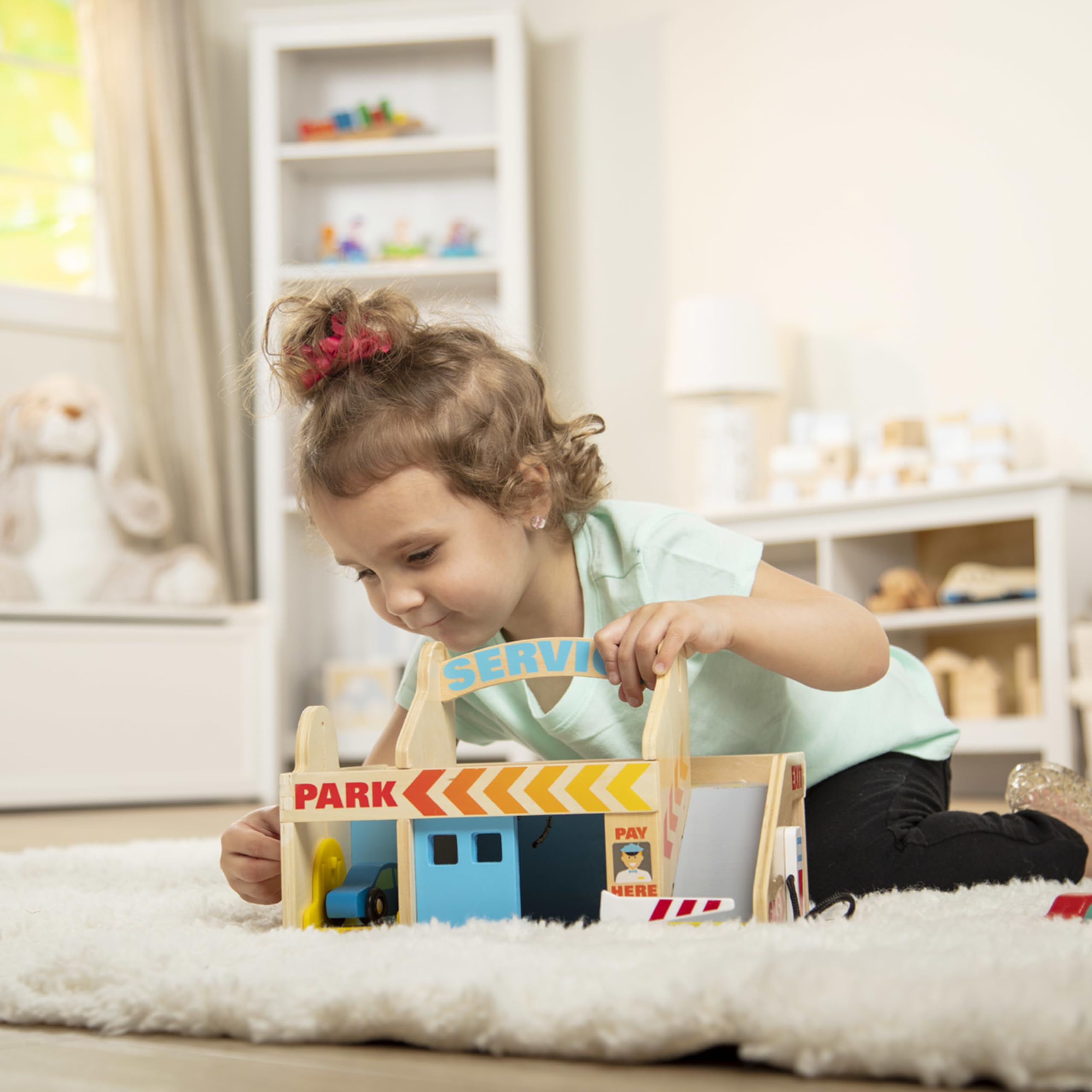 Melissa & Doug Wooden Service Station Parking Garage Toy Set with 2 Cars & Drive-Thru Car Wash - Perfect for Kids Pretend Play & Early Learning (SIOC)