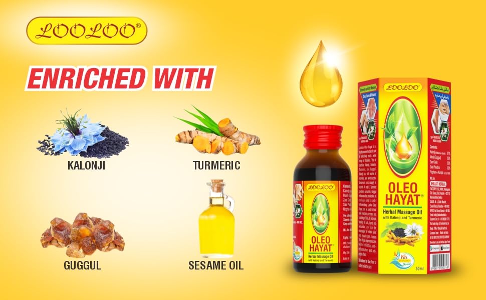 LooLoo Oleo Hayat Herbal Massage Oil with Kalonji & Turmeric - Skin Repair & Nourishment - 3 Pack (50ml Each) - Perfect for Relaxation, Aromatherapy & Spa Treatments