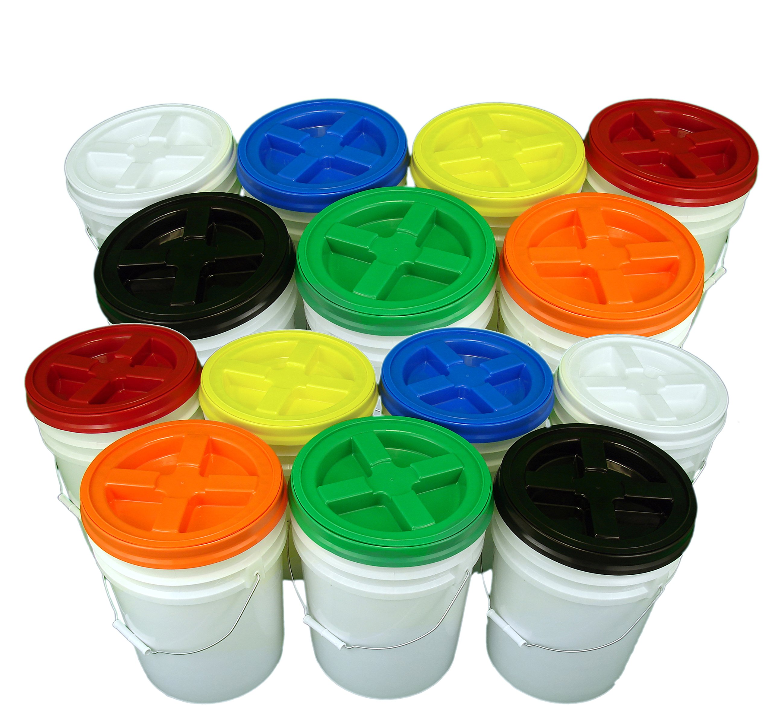 14-Pack White 5 Gallon Buckets with Assorted Color Gamma Seal Lids - Durable Food Storage & Organization Solution for Home, Garage, and Commercial Use
