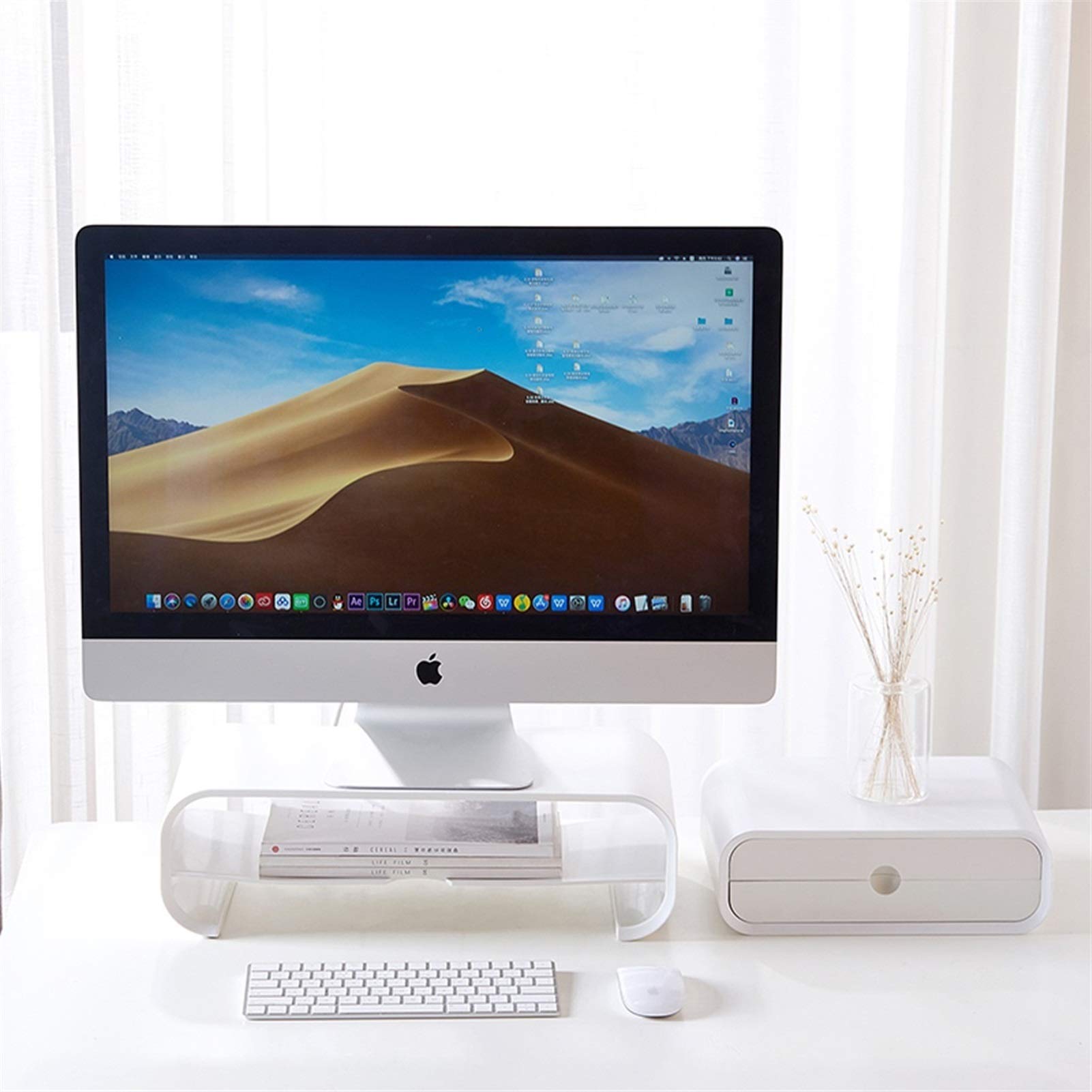 ABS Plastic Monitor Stand Riser with Dual Drawers - 2 Tier Desktop Organizer for Computer, Laptop, iMac - Space Saving Desk Accessory with Hidden Handle (White, 49x22x12cm) - Perfect for Home Office & Workspace Organization