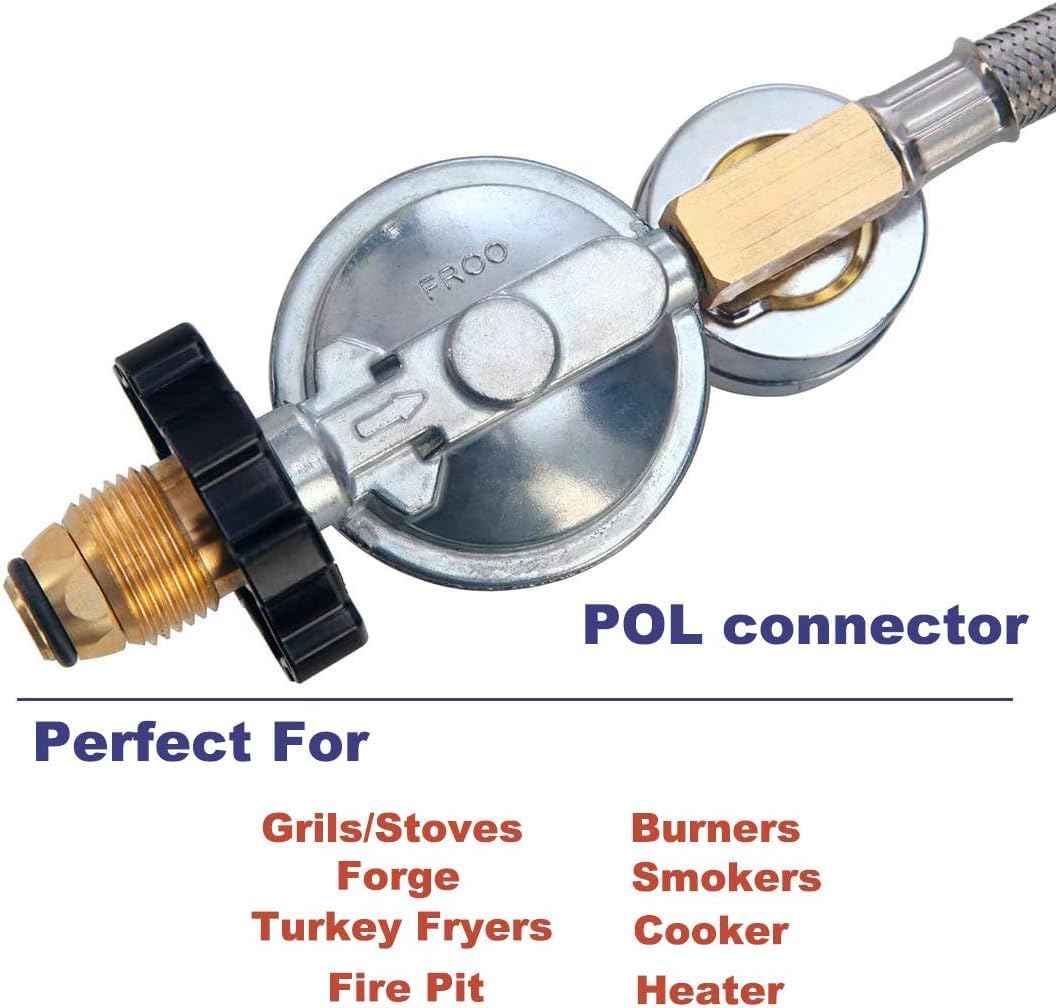 10FT High Pressure Propane Regulator with Hose - Adjustable 0-30 PSI Gas Regulator with Gauge, Stainless Steel Braided Hose for 5-100LB POL Tanks - Perfect for Fire Pits, Burners, Heaters, Fryers, Smokers & Griddles - Heavy Duty Outdoor Cooking & Heating Equipment