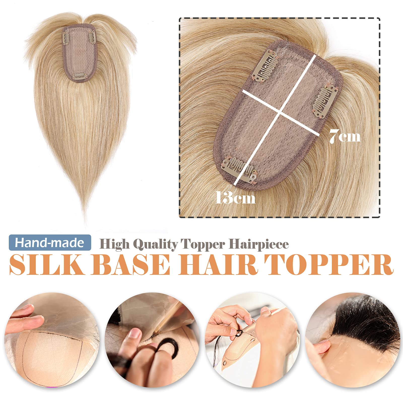 Clip In Remy Human Hair Topper with Bangs for Women - 18 Inch 53g Middle Part Hairpiece for Thinning Hair & Hair Loss - #12P613 Golden Brown Mix Bleach Blonde - Perfect for Daily Wear, Cosplay & Styling