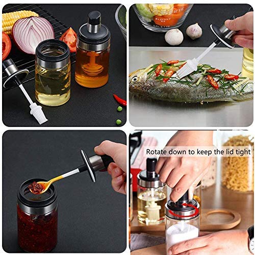 Borosilicate Glass Food Storage Jars with Spoon & Olive Oil Bottle with Brush - Airtight Spice Salt Sugar Condiment Containers for Kitchen & Restaurants - 250ml Transparent Glass Jars - Perfect for Pantry Organization, Meal Prep & Gourmet Cooking