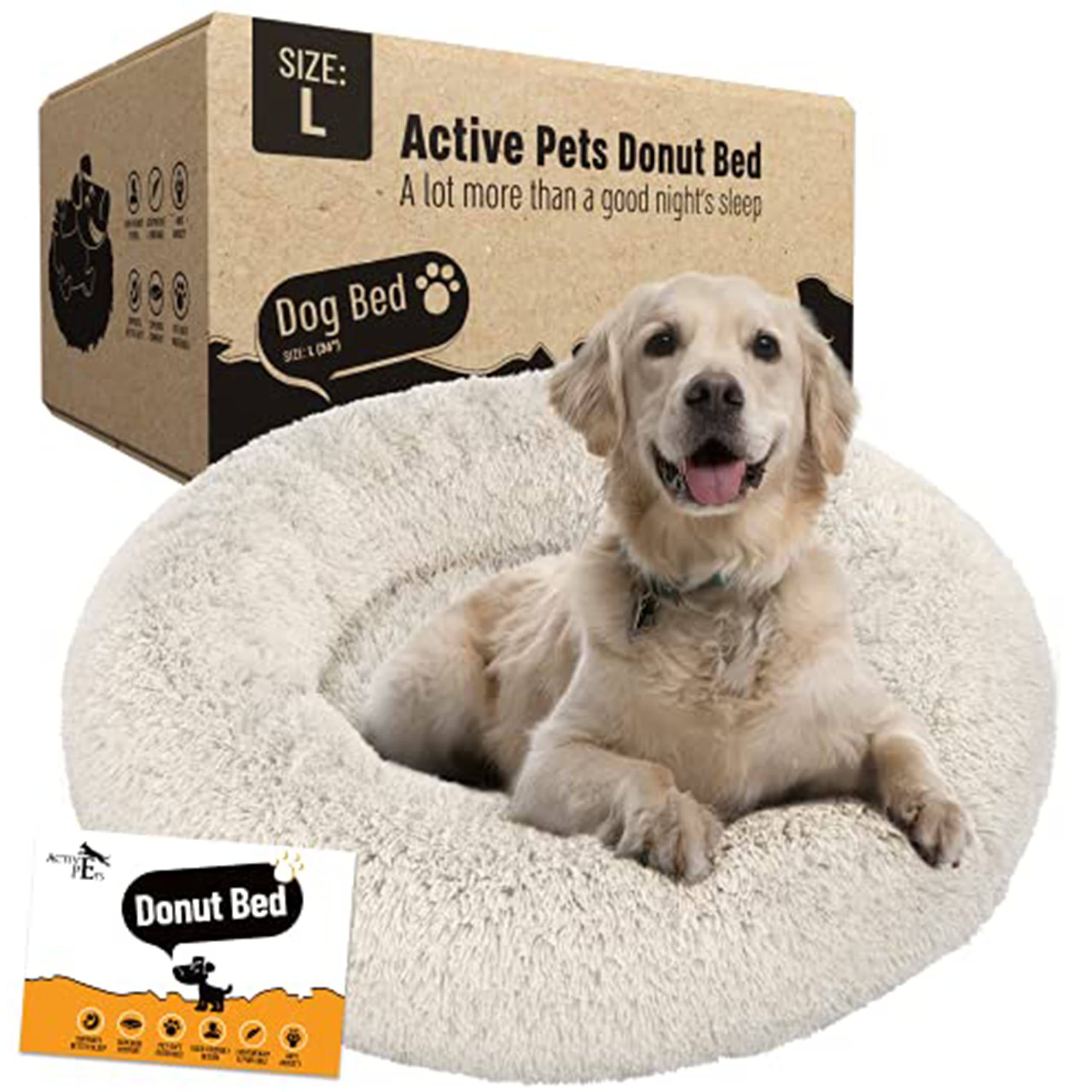 Active Pets Calming Plush Donut Dog Bed - Orthopedic Joint Support, Anxiety Relief for Dogs & Cats - Washable with Removable Cover - Large 36 Inch Beige - Perfect for Nervous Pets, Senior Dogs & Post-Surgery Recovery