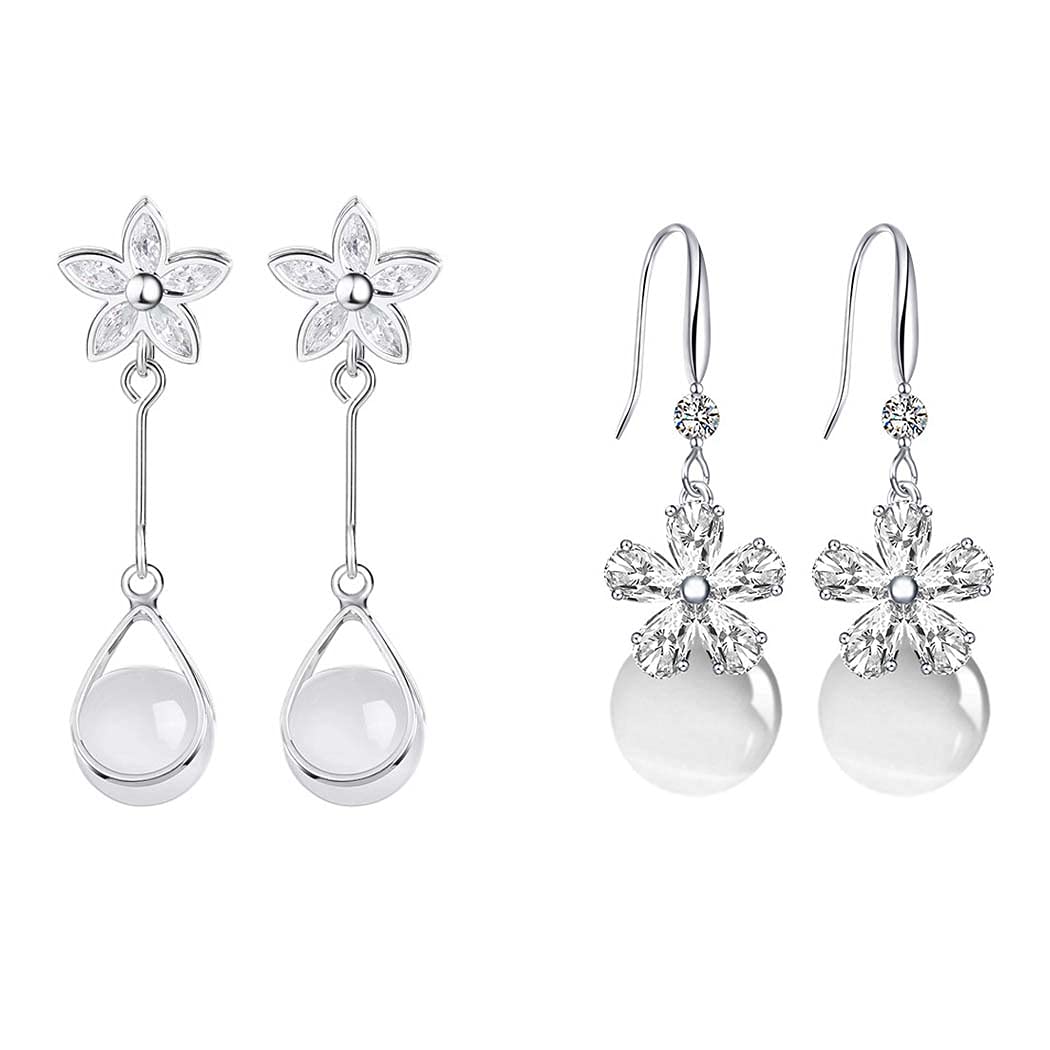 2 Pairs Silver Opal Drop Dangle Earrings for Women - Elegant Long Tassel Threader Earrings with Created Opal Flower Design | Perfect for Birthday, Wedding, Bridesmaid Gifts & Special Occasions