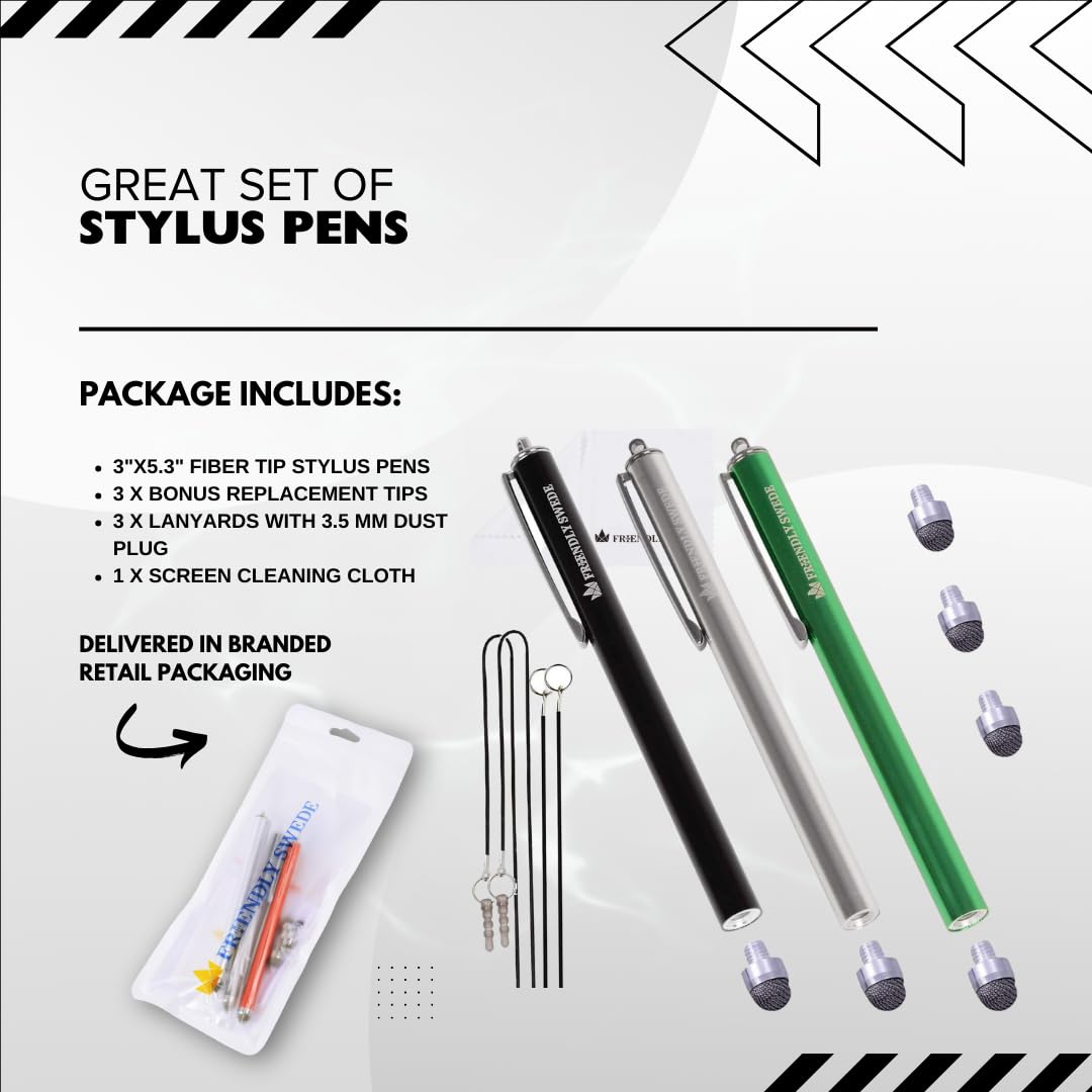 Friendly Swede Stylus Pen 3-Pack for iPad & iPhone - Touchscreen Stylus with Replaceable Tips & Cleaning Cloth for Artists & Students