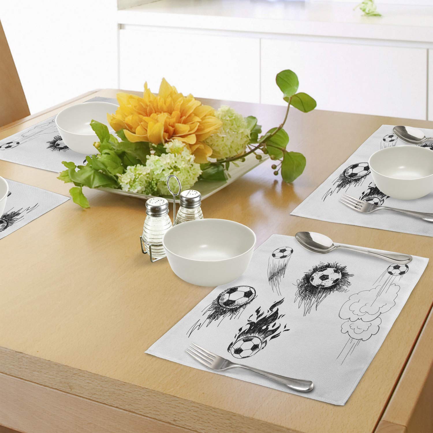 Ambesonne Soccer Placemats Set of 4 - Round Soccer Ball Design, Fast Kick Action Sketch - Washable Fabric Dining Table Mats, Standard Size (16