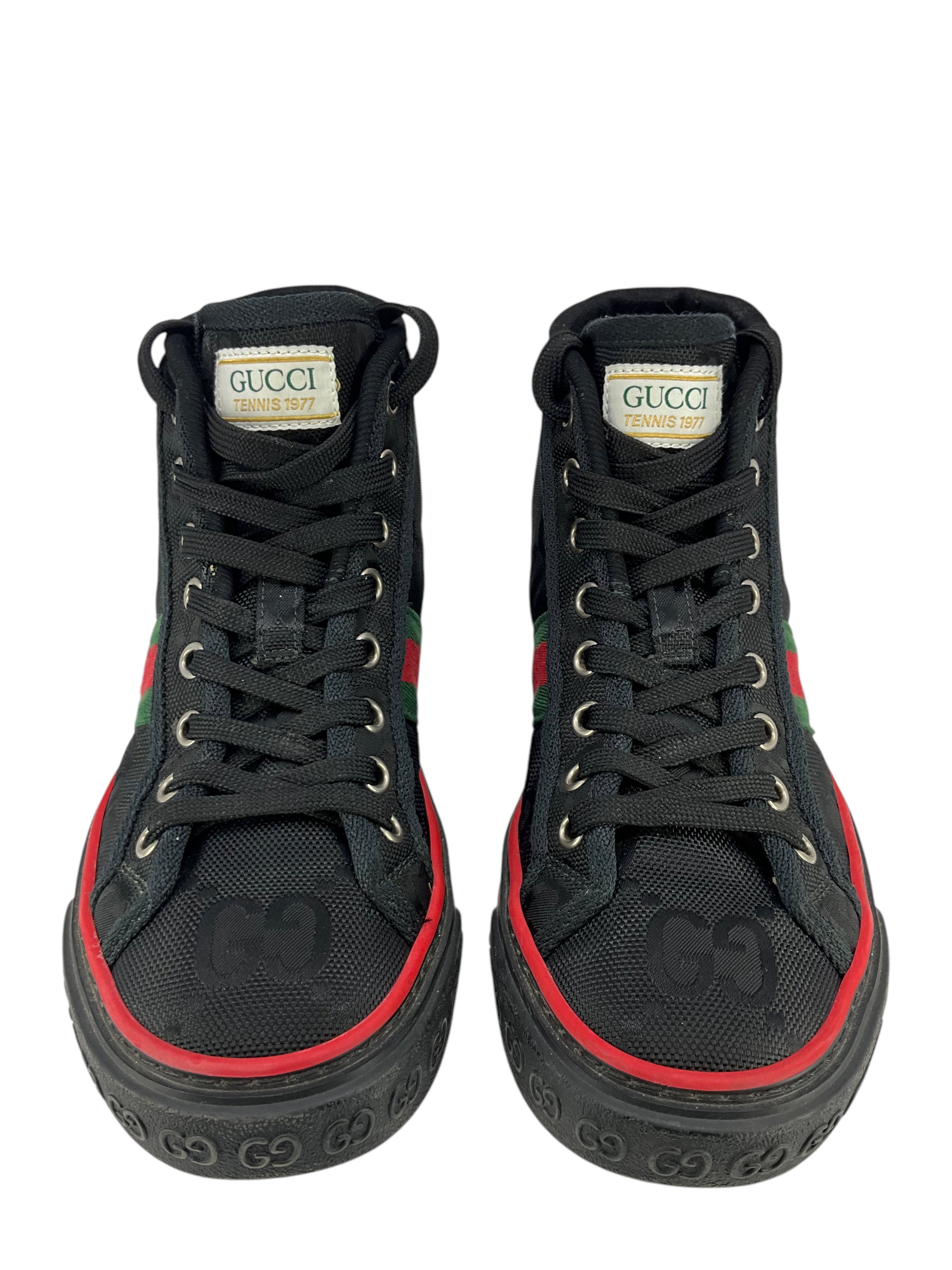 GUCCI Tennis 1977 Web Monogram Off The Grid High Top Sneakers for Women - Size 5.5 | Retro Fashion Sneakers for Casual Wear, Street Style & Everyday Comfort