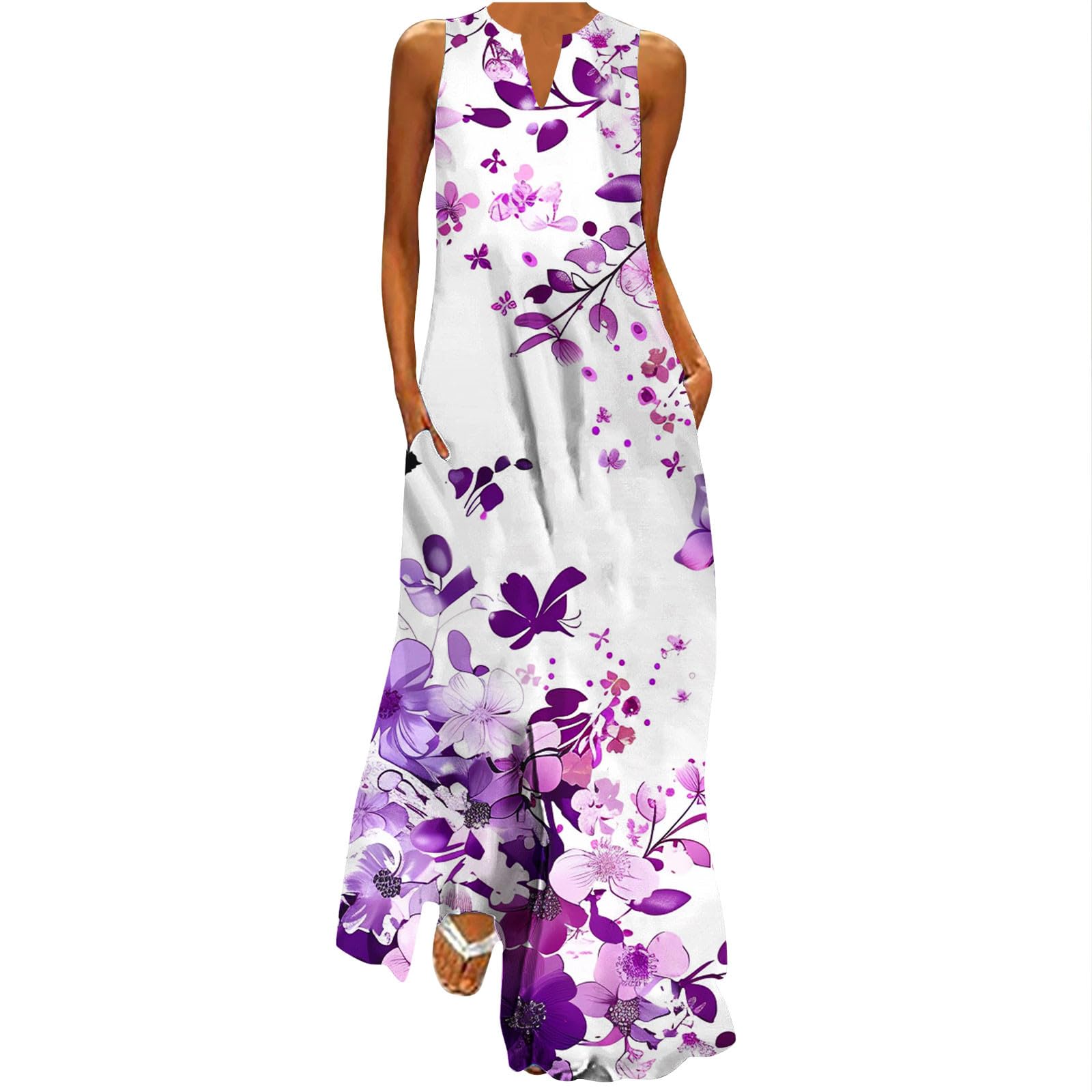 Women's Summer Maxi Dress - Sleeveless Loose Long V-Neck Vintage Floral Print Flowy Casual Dress with Pockets | Perfect for Beach Vacations, Garden Parties & Summer Outings