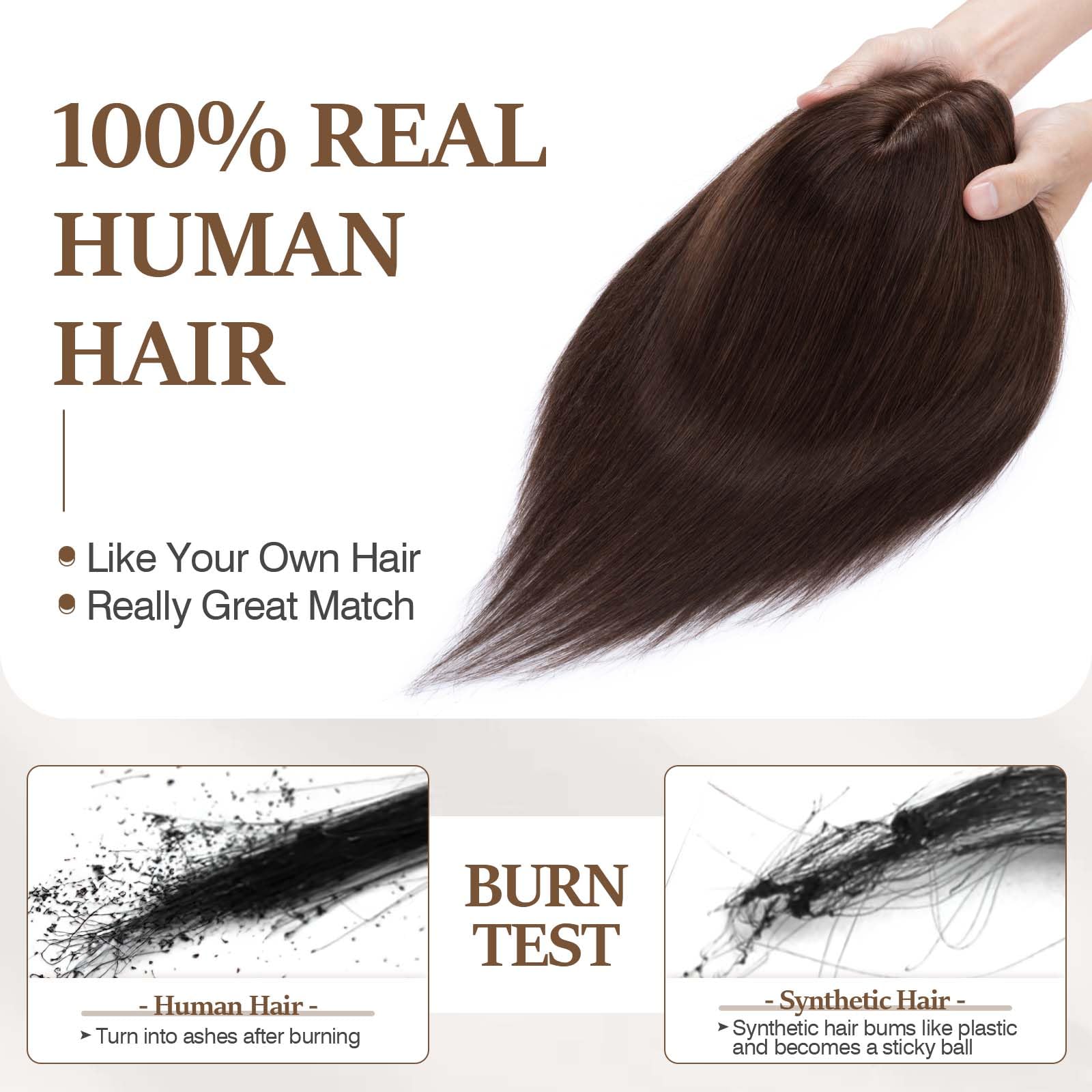 100% Human Hair Toppers for Women - 18 Inch Remy Clip-In Hair Topper with Silk Base for Thinning Hair - Dark Brown (#2) | Perfect for Daily Wear, Special Occasions & Hair Loss Solutions