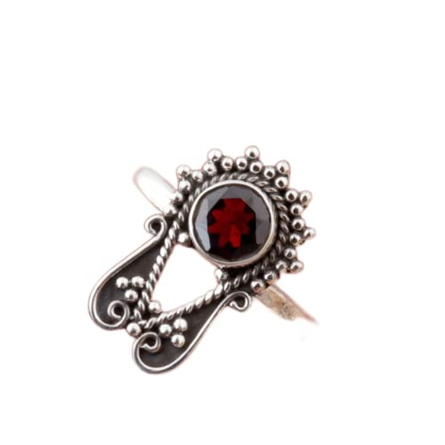 925 Sterling Silver Garnet Ring - Handmade Vintage Boho Statement Ring with Round Stone | Christmas, Wedding, Engagement & Anniversary Gift for Her | Perfect for Holidays, Parties & Special Occasions