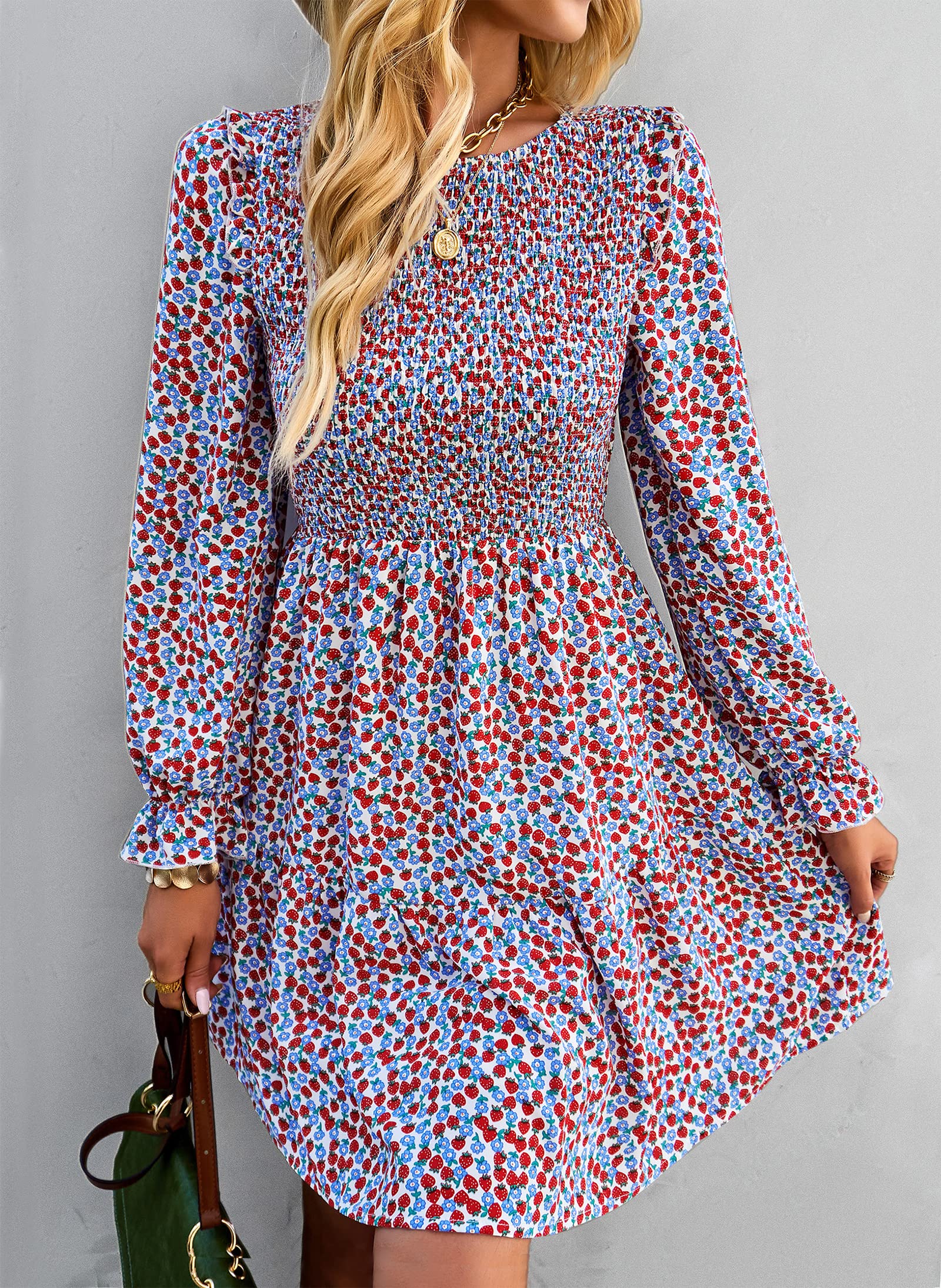 KIRUNDO Women's Floral Smocked Long Sleeve Ruffle Mini Dress - A-Line Spring & Summer Party Dress 2025 | Perfect for Garden Parties, Date Nights & Special Occasions