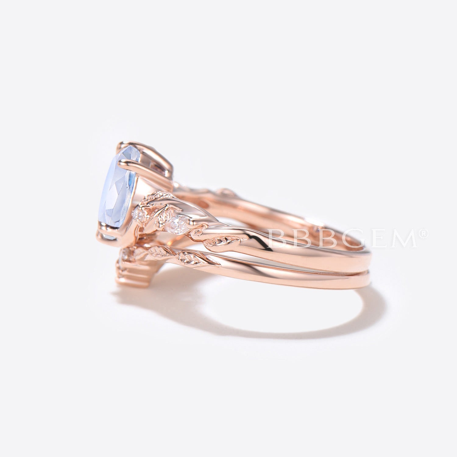 Oval Cut Moonstone Engagement Ring in Rose Gold with Leaf Diamond Accents - Perfect for Bridal Sets, Wedding Bands & Romantic Proposals