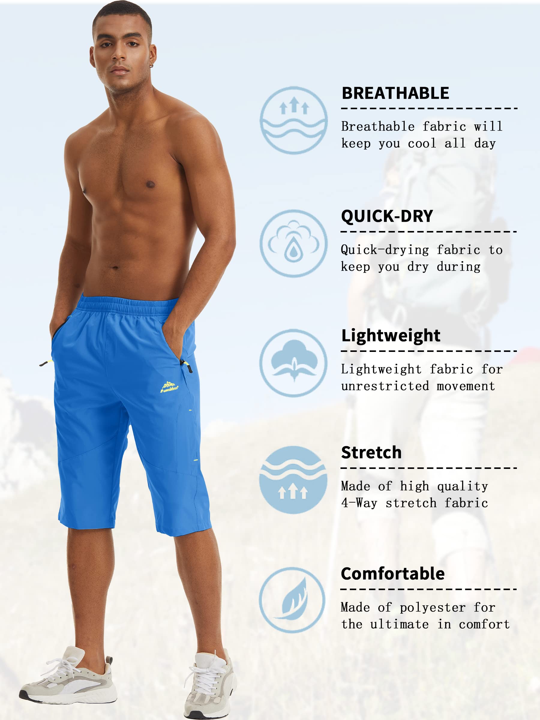 TACVASEN Men's Quick Dry Hiking 3/4 Long Capri Shorts - Athletic Workout Running Shorts with Zipper Pockets - Lightweight & Breathable for Outdoor Activities, Gym, Travel & Summer Sports