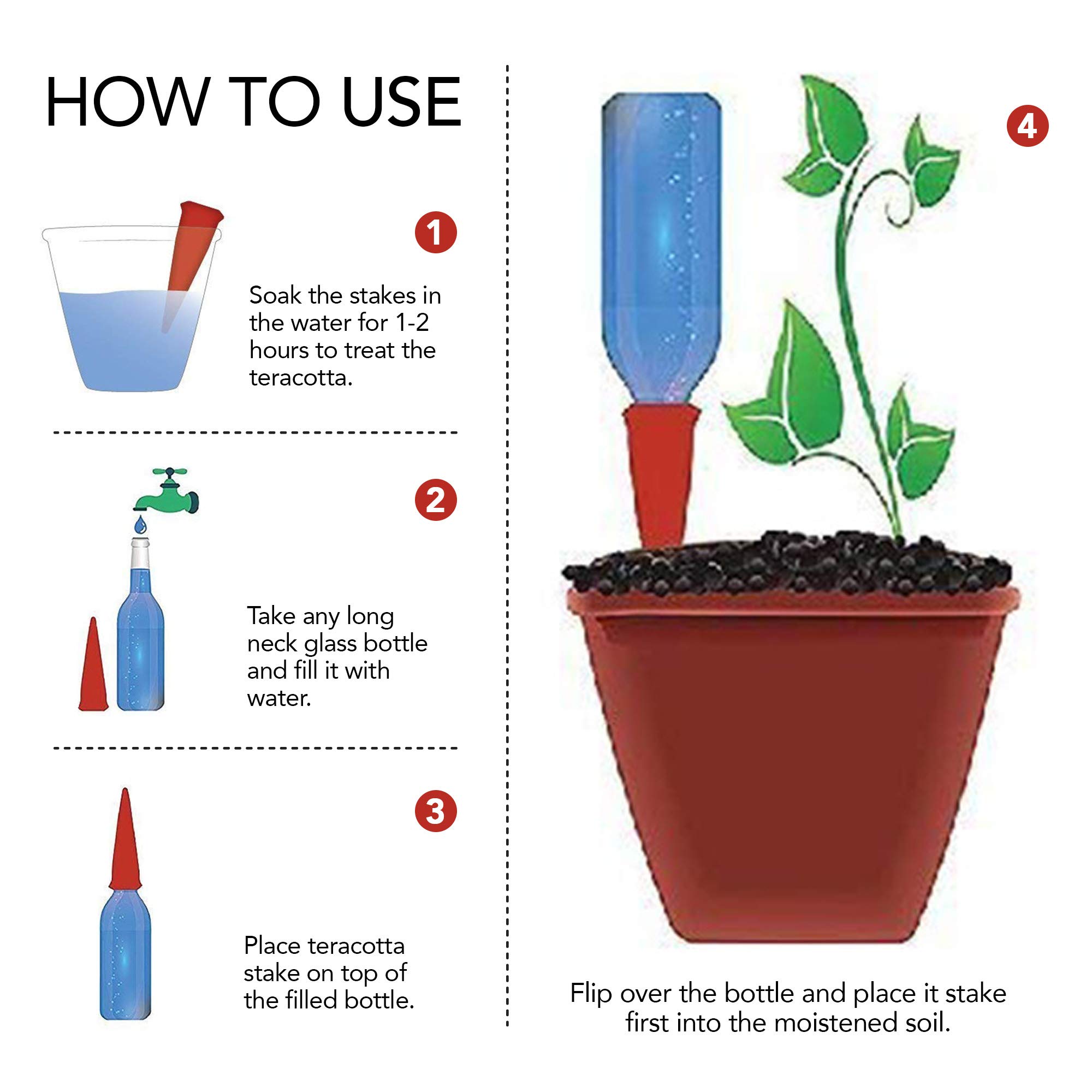 4-Pack Terracotta Plant Self-Watering Stakes for Indoor & Outdoor Plants - Automatic Irrigation System with Recycled Wine Bottles - Perfect for Home, Vacation, and Office Use