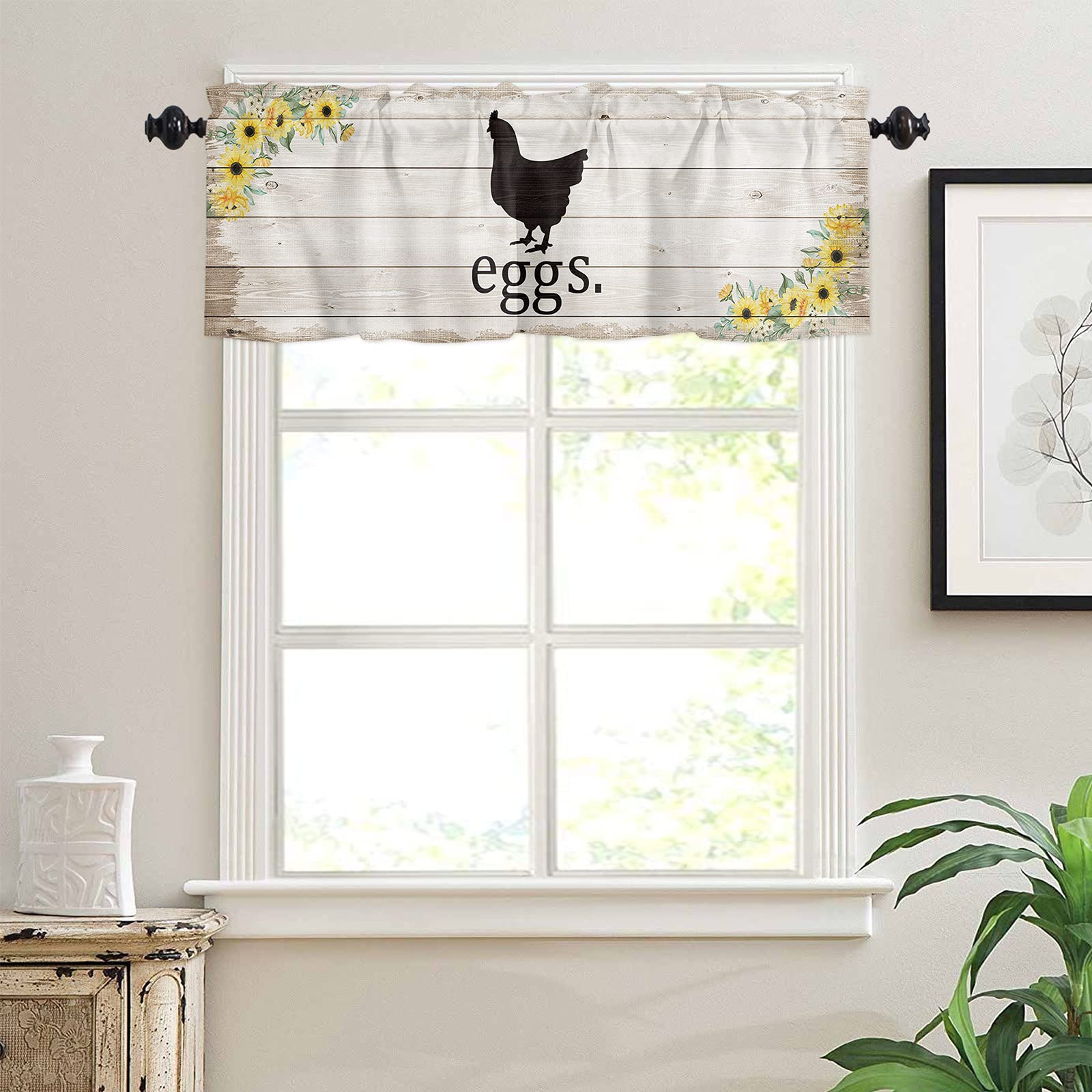 Chicken Eggs Yellow Floral Short Valance Curtains 54x18 Inch - Rod Pocket Window Treatment for Kitchen, Sunflowers in Blooms Grey Rustic Wood Plank - Perfect for Farmhouse, Cottage & Country Style Home Decor