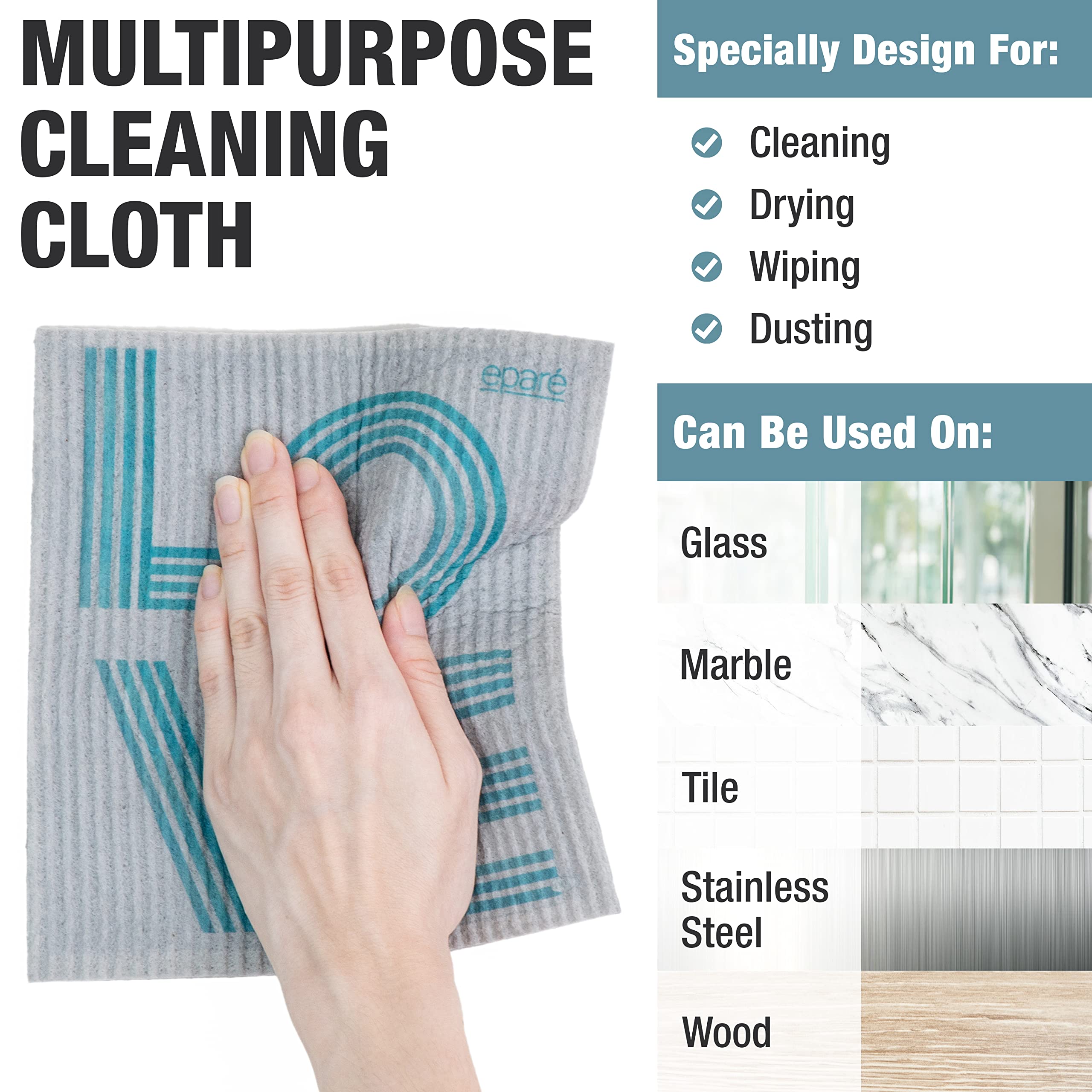 Eparé Swedish Kitchen Dish Cloths - 8 Pack Grey Super Absorbent Cellulose Sponge Cloths | Reusable & Eco-Friendly Dish Towels | Quick-Dry Cleaning Cloths for Dishes, Countertops & Household Cleaning (Perfect for Kitchen, Bathroom & Car Washing)