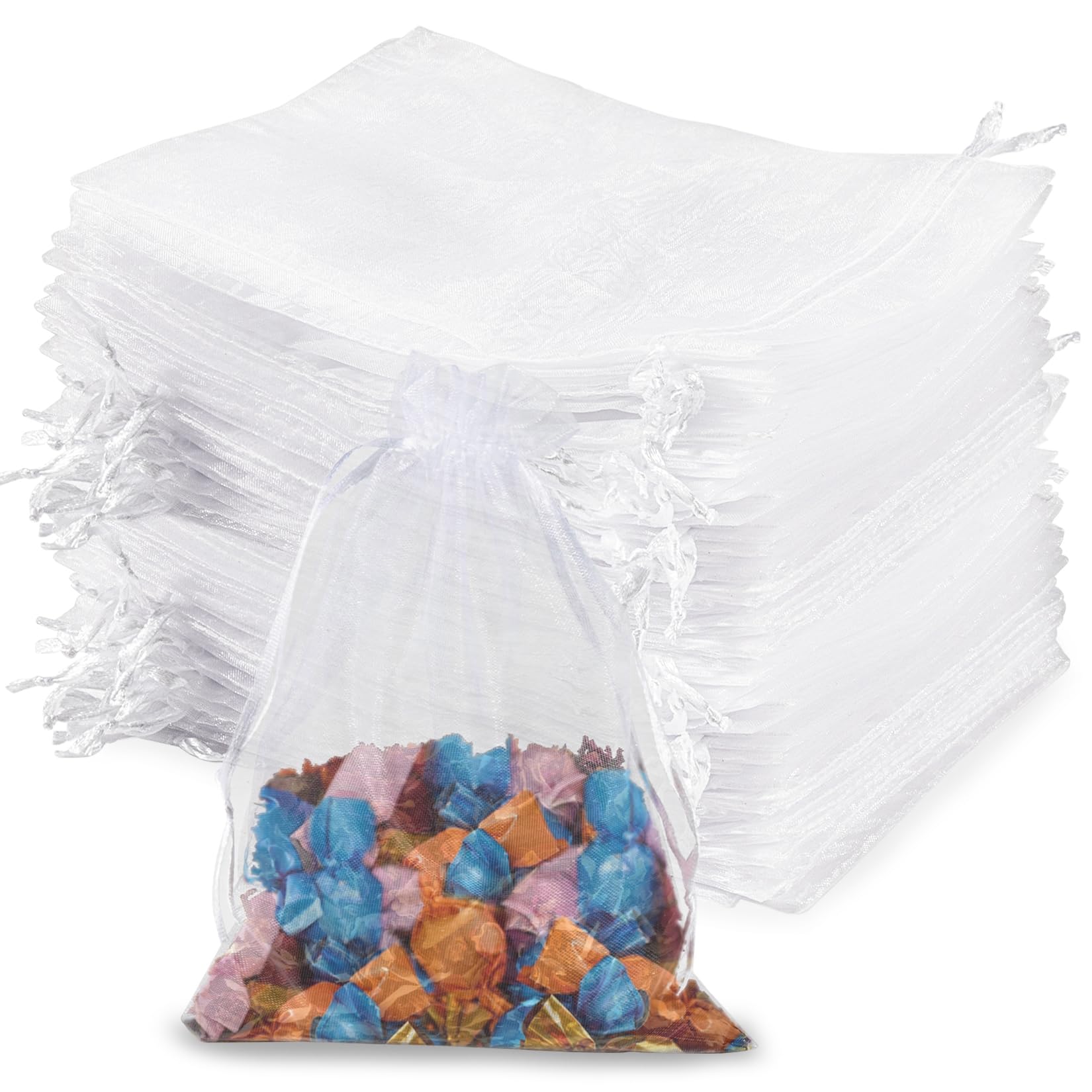 100PCS 5x7 Inch White Organza Bags - Small Drawstring Jewelry Gift Favor Bags for Wedding, Birthday, Christmas, Halloween, Eid Mubarak | Perfect for Candy, Fruit, Party Favors, and Small Gifts Wrapping