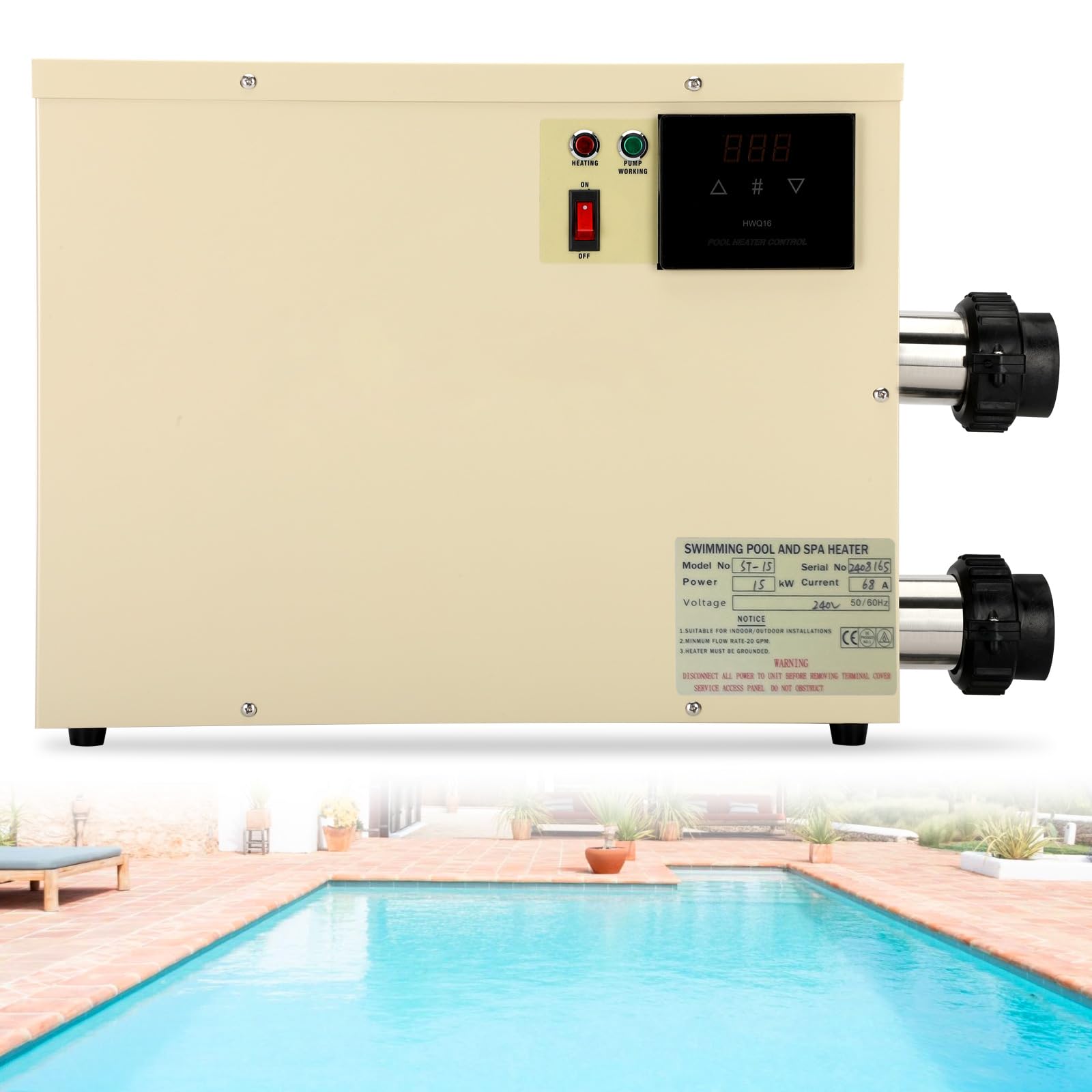15KW 220V Digital Touch Display Energy Saving Pool Heater for Above Ground Pools - Automatic Circulation Heating System for Swimming Pools, Spas and Bathtubs | Perfect for Backyard, Vacation Homes & Commercial Use
